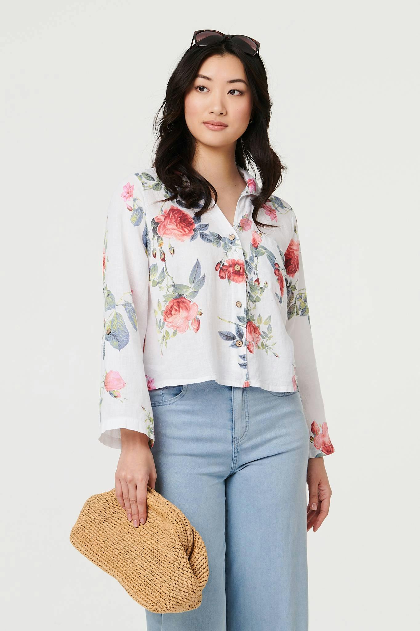 Izabel London White Floral 3/4 Turn-Up Sleeve Cropped Shirt - 14
