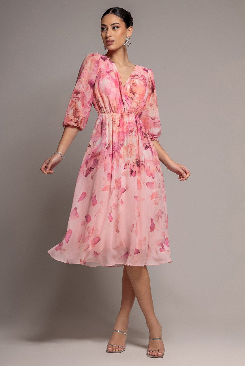 Goddiva Pink Floral Print Wrap A Line Midi Dress - Blush By - Blush - 16