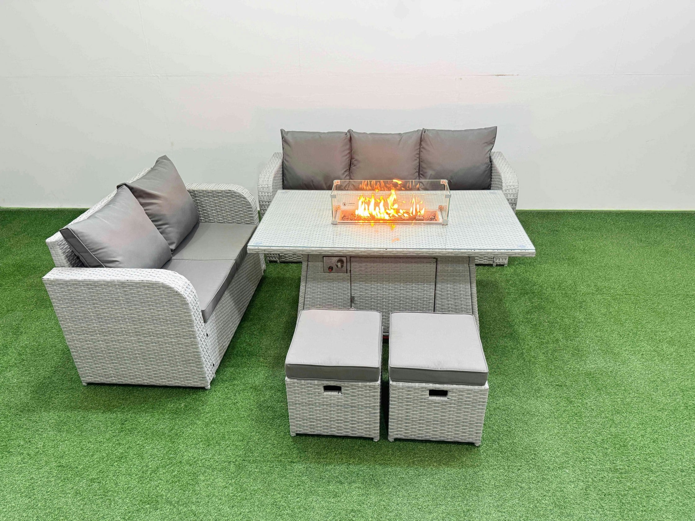 Rackhams Light/Grey/Dark 7 Seater Pe Rattan Wicker Garden Furniture Patio Conservatory Sofa Set With Fire Pit Dining Table 3 Seater Sofa Love Sofa 2 Stools
