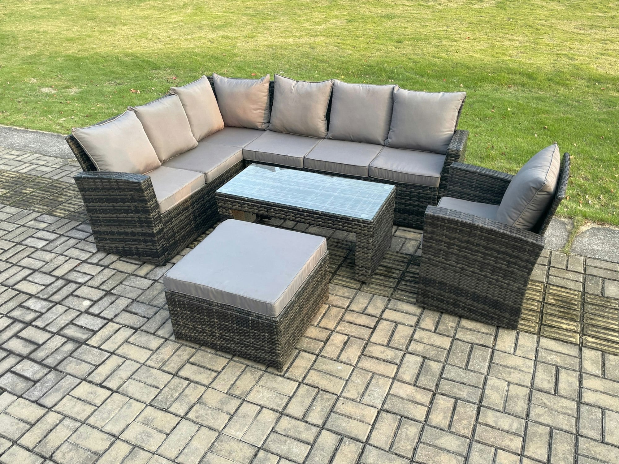 Rackhams Dark/Grey 8 Seat Rattan Garden Furniture Corner Sofa Set Outdoor Patio Sofa Chair Table Sets With Big Footstool Mixed
