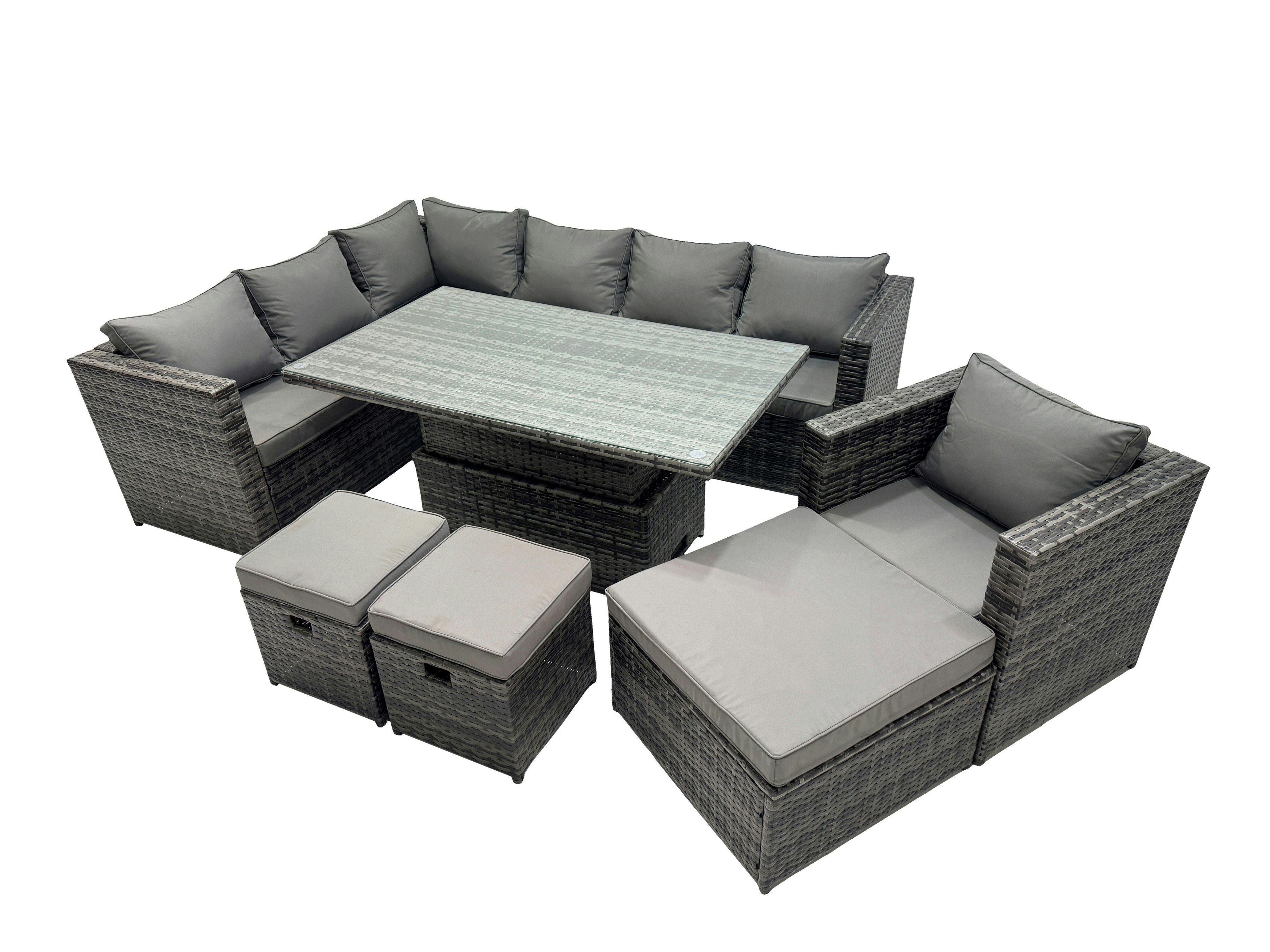 Fimous Dark/Grey 10 Seater Height Adjustable Rising Lifting Table Corner Sofa Set Rattan Garden Furniture Dining Set With 3 Stool Mixed