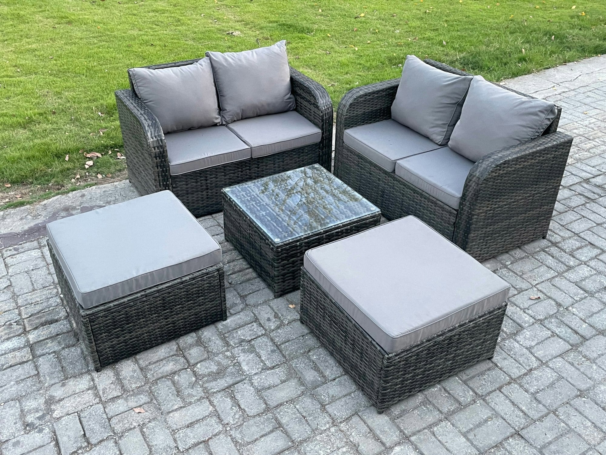 Rackhams Dark/Grey Rattan Sofa Set Outdoor Garden Furniture Set With Square Coffee Table Loveseat Sofa 2 Big Footstool Mixed
