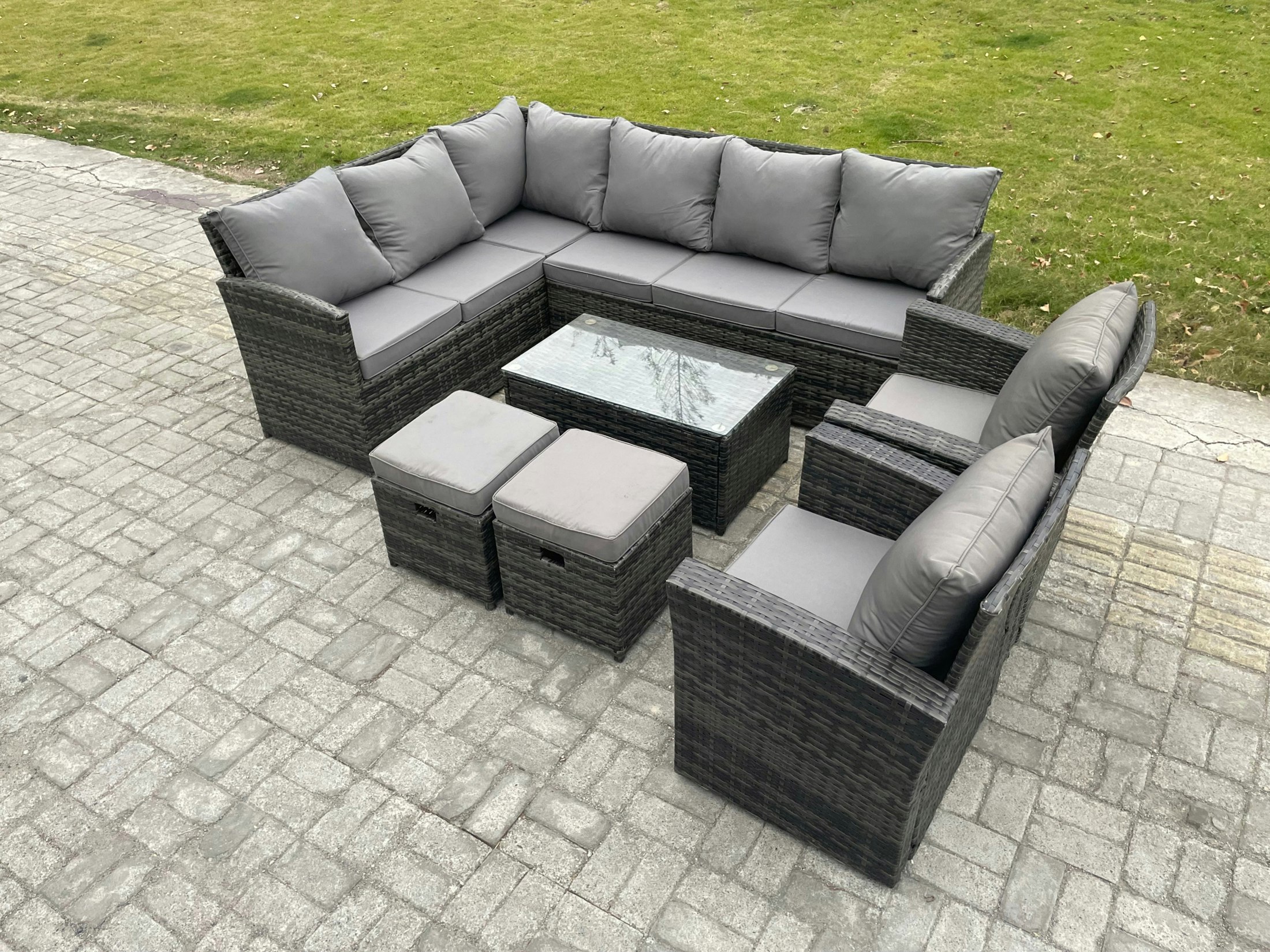 Rackhams Dark/Grey 10 Seater Rattan Lounge Corner Sofa Set Wicker Pe Outdoor Garden Furniture Set With Coffee Table 2 Small Footstools 2 Armchair Mixed