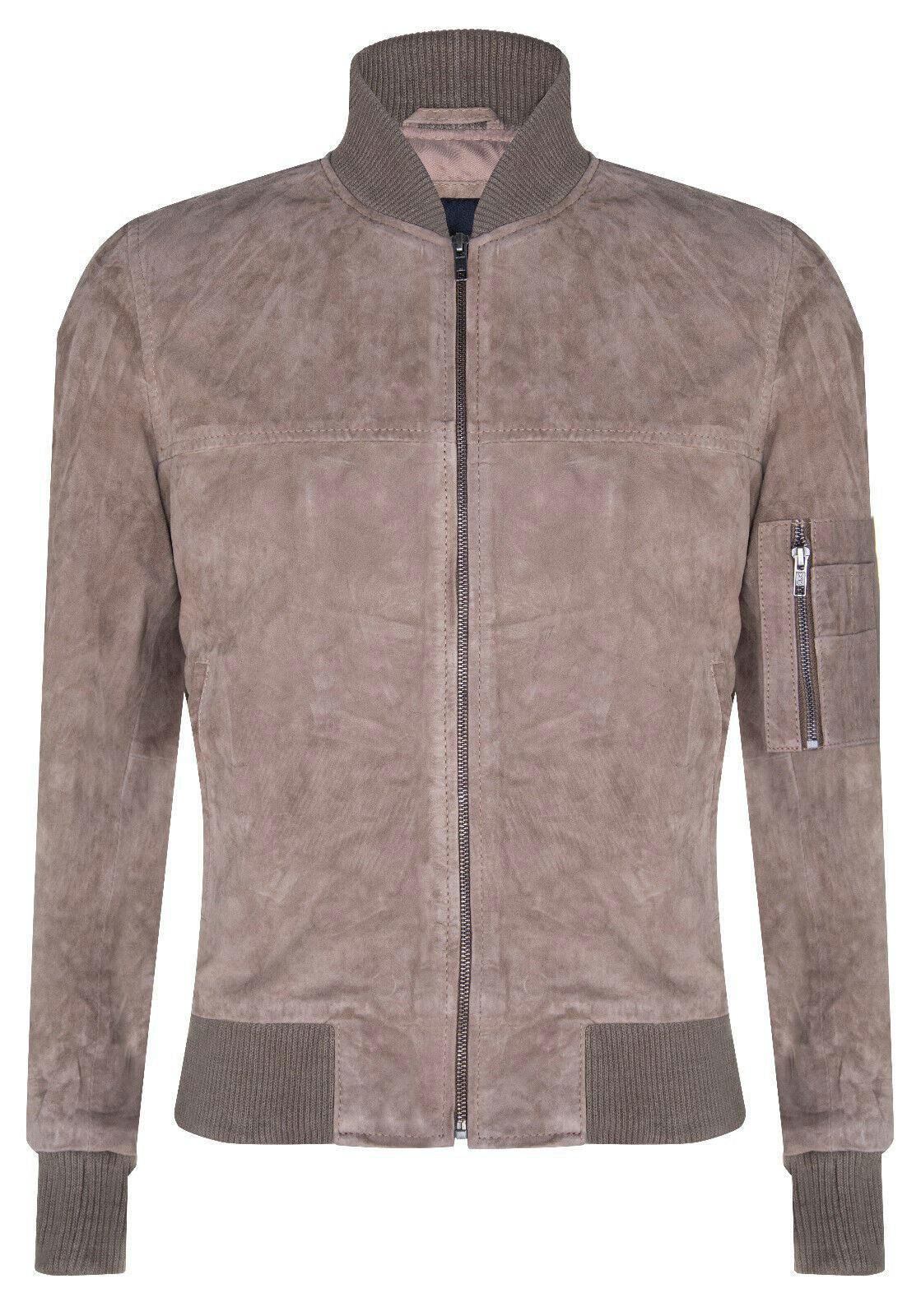 Infinity Leather Men's Suede Leather Ma-1 Varsity Bomber Jacket - Uk Xl | Eu 52 | Us 42 - Stone