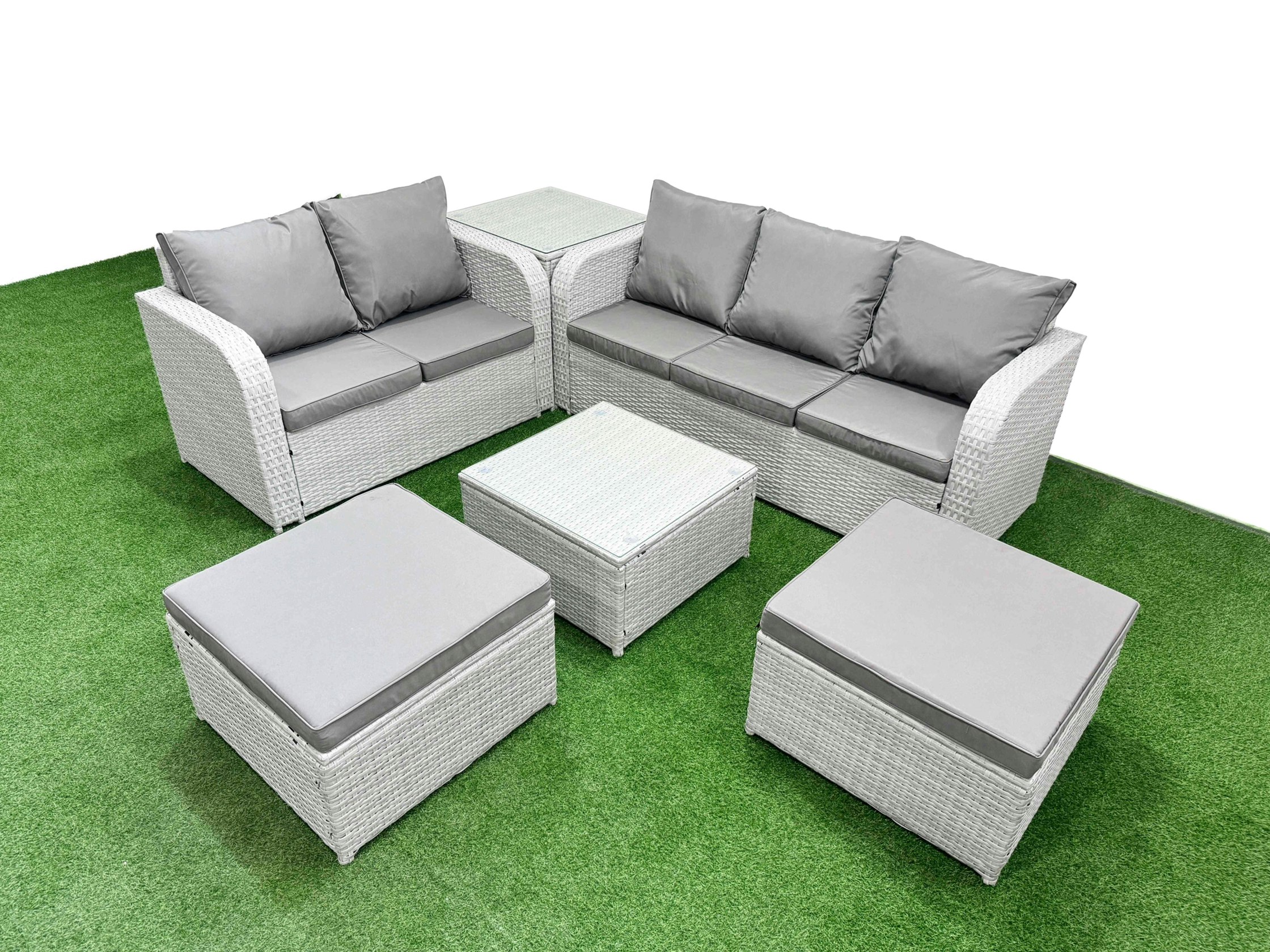 Rackhams Light/Grey/Dark 7 Seater Pe Rattan Garden Furniture Patio Conservatory Sofa Set With Square Coffee Table 3 Seater Sofa Love Sofa 2 Big Footstool Side Table