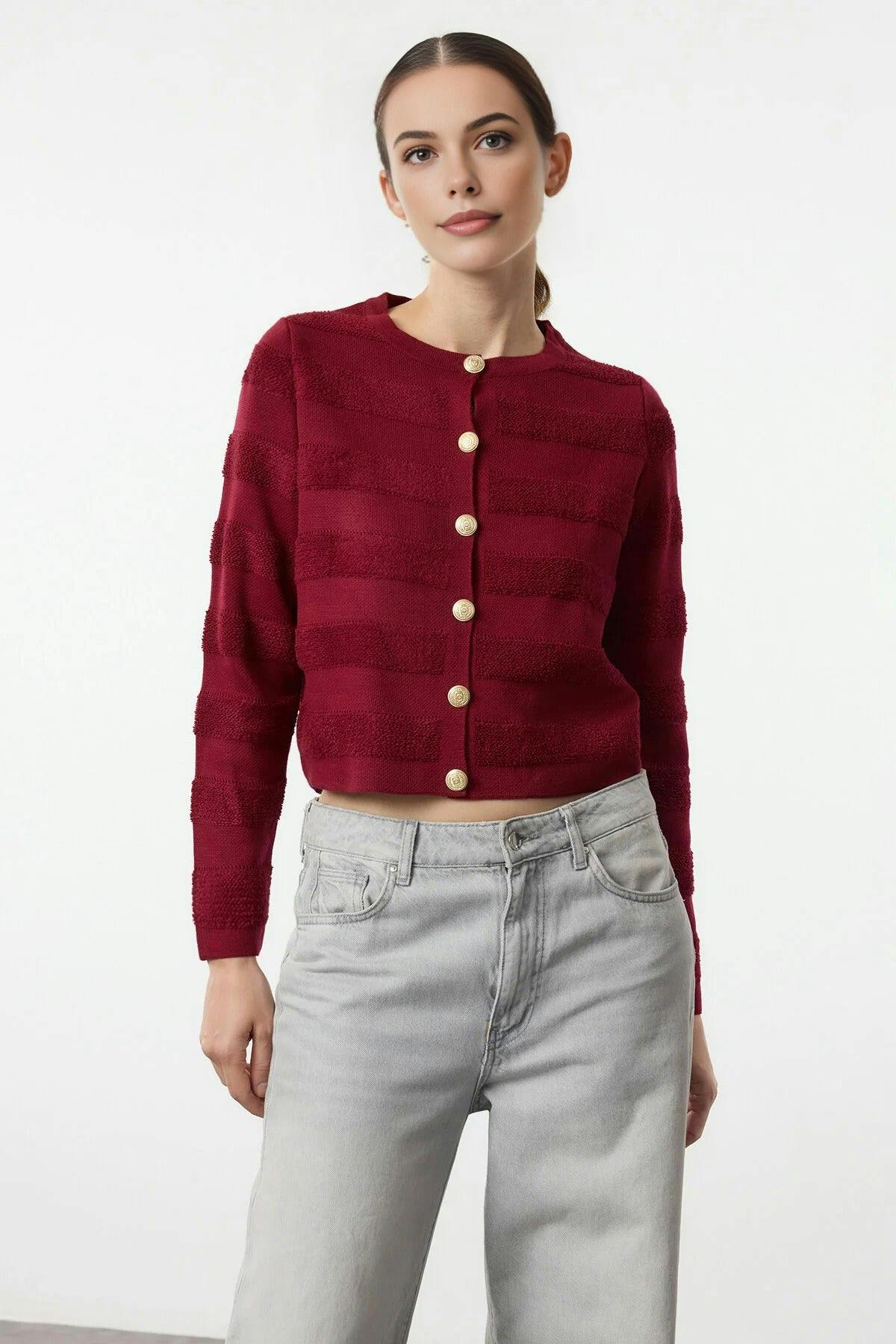 Wovcor Burgundy Crew Neck Knit Cardigan - M