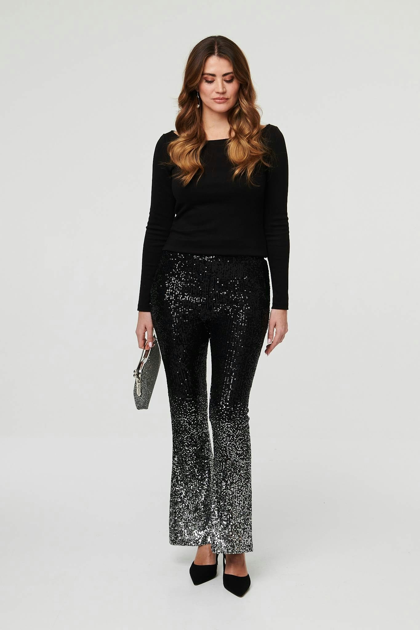 Izabel London Black Sparkly Sequin High Waist Flare Trousers - 18
