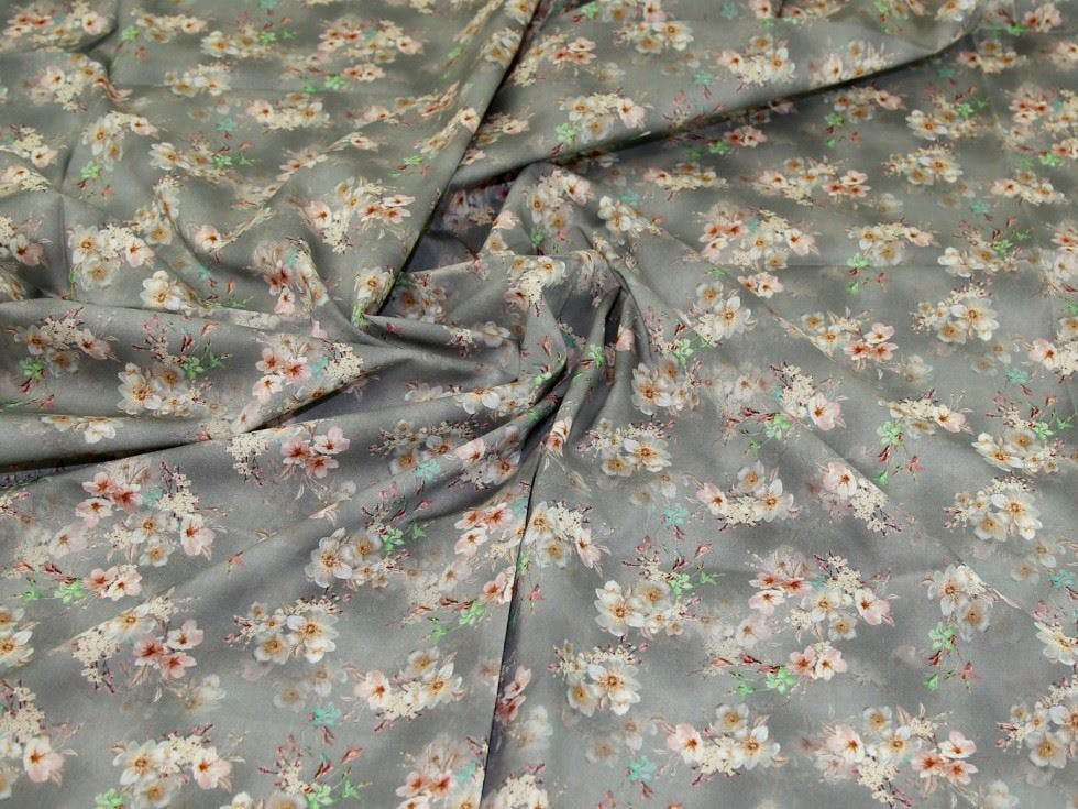 Minerva Grey Core Range Deadstock Cotton Lawn Fabric - Flowers Design Dressmaking Fabric, 145 Cm / 58" Wide - Per Metre