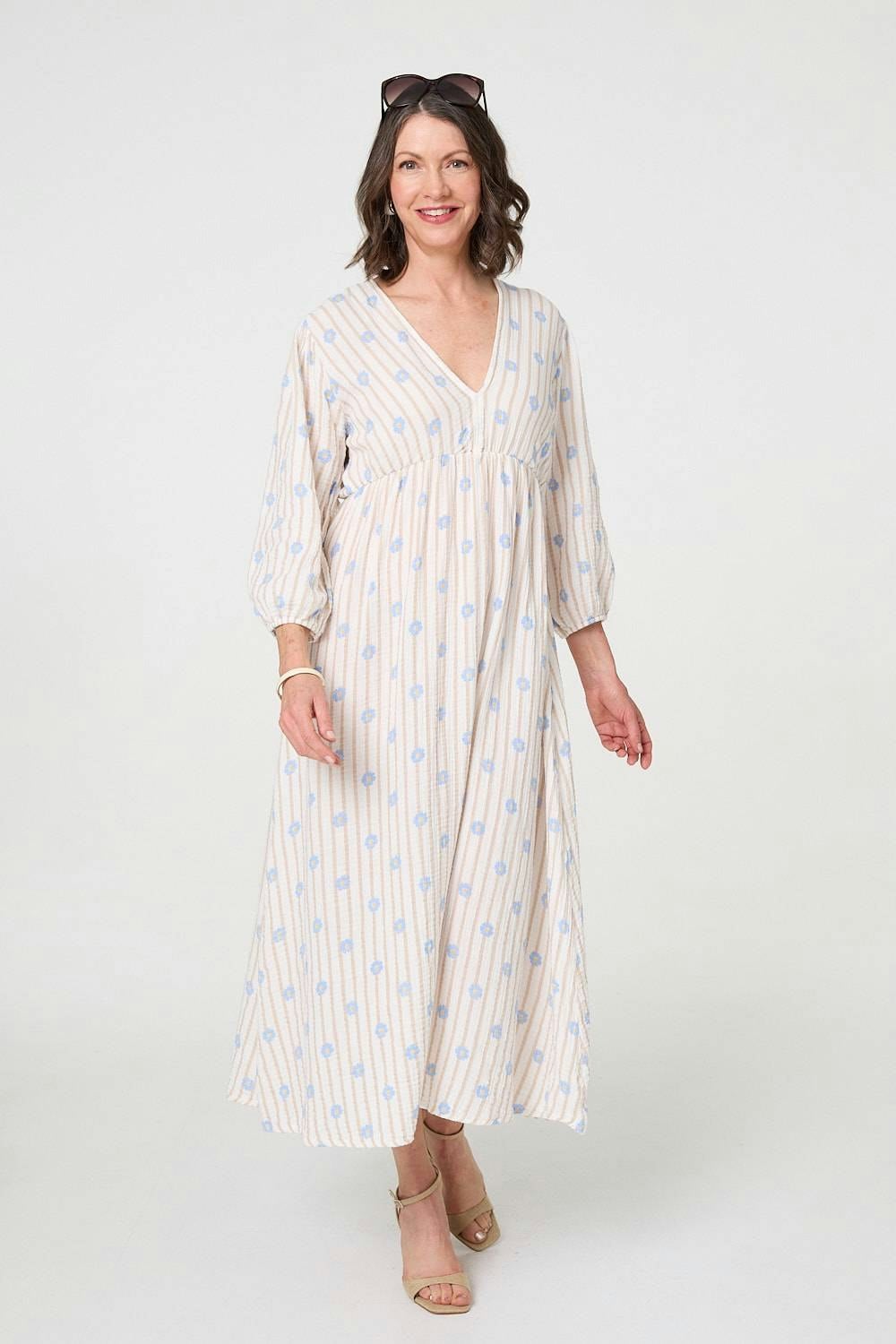 Izabel London Beige Striped Long Sleeve Empire Maxi Dress - Medium