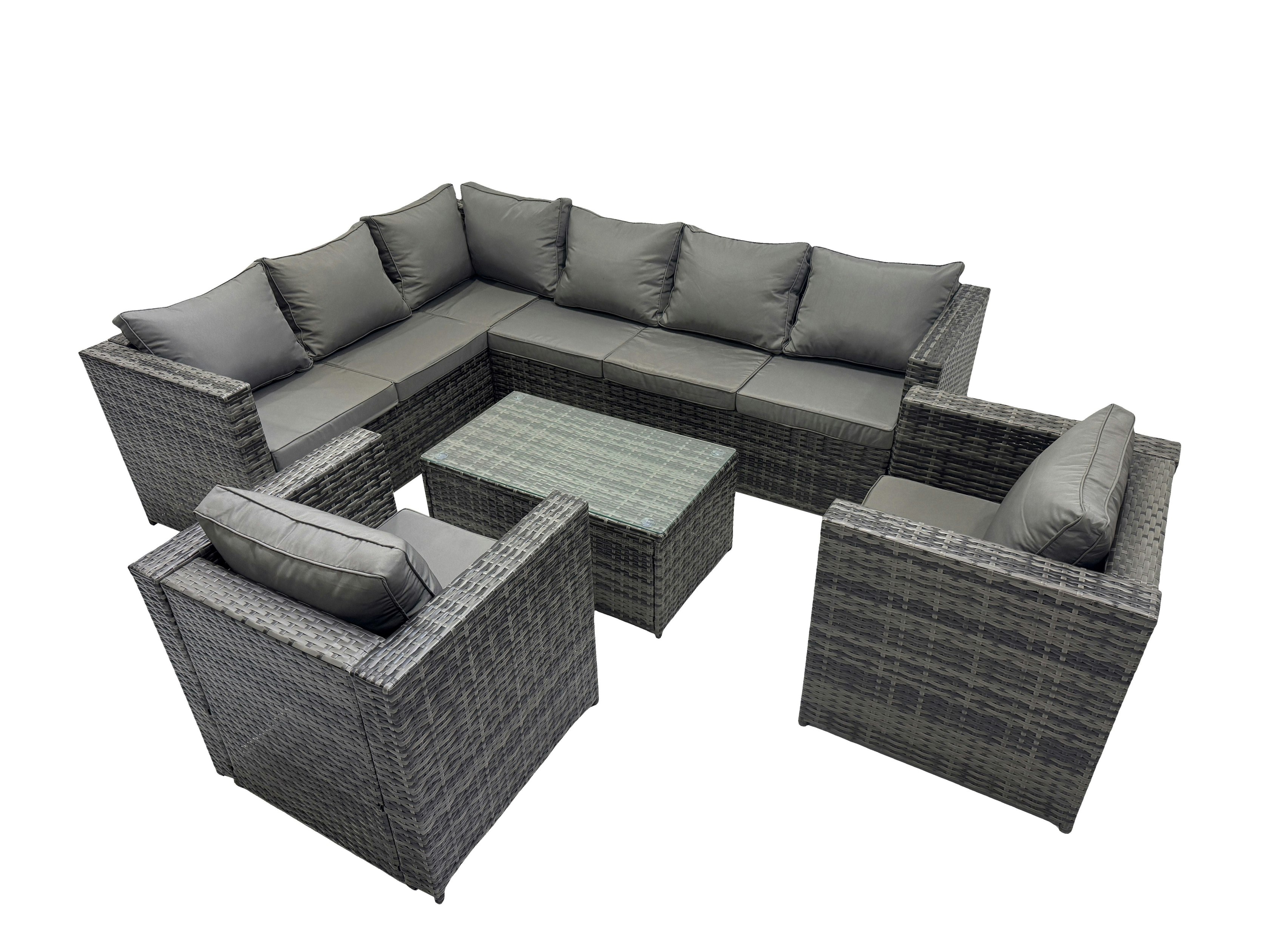 Fimous Dark/Grey Outdoor Rattan Rectangular Coffee Table Corner Sofa Sets Garden Furniture Set With 2 Chairs Mixed
