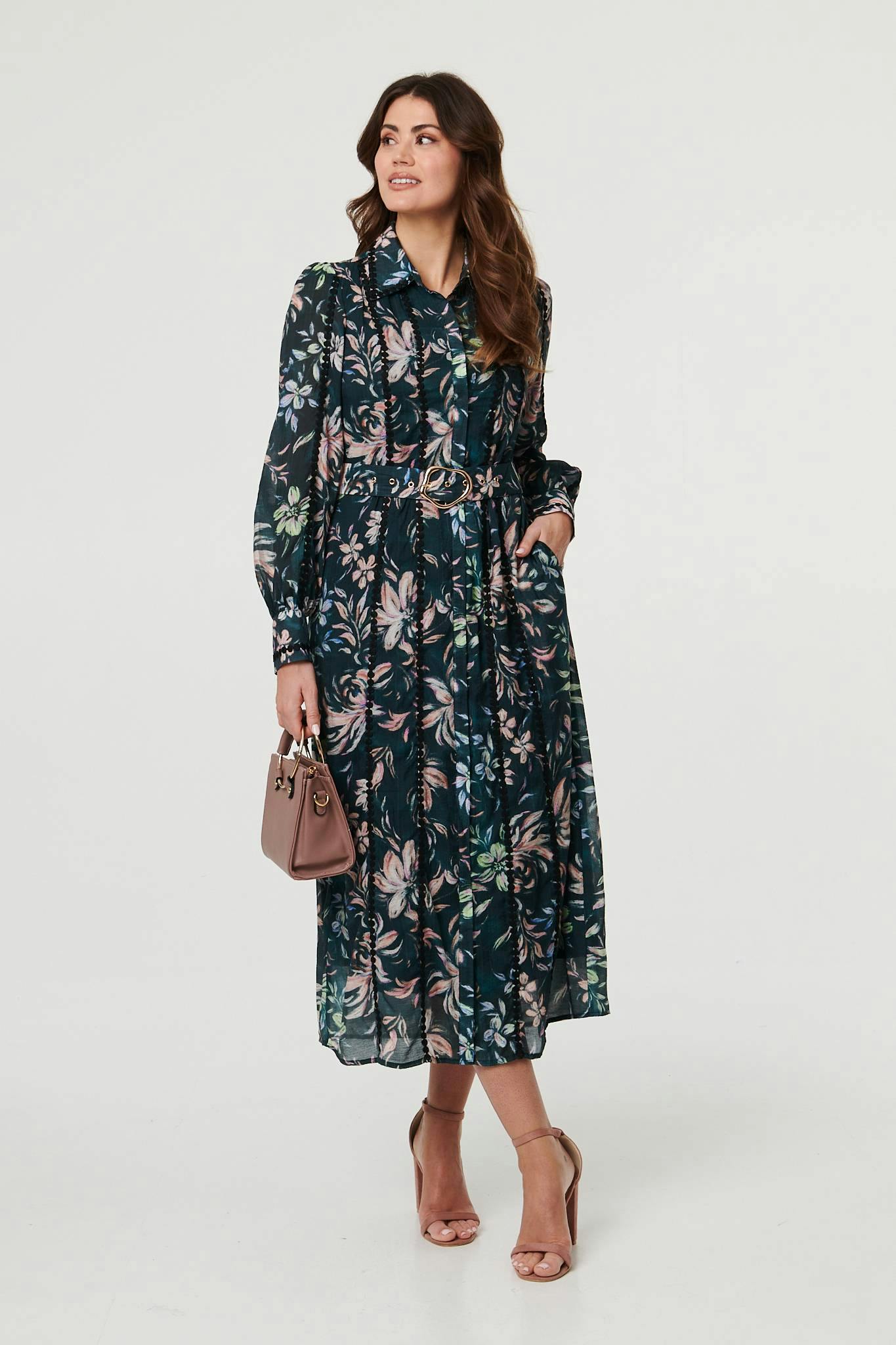Izabel London Green Floral Lace Trim Belt Waist Maxi Dress - 14