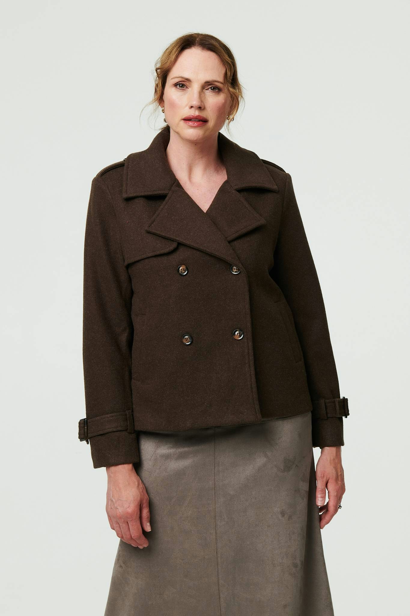 Izabel London Brown Textured Button Front Short Trench Coat - 14