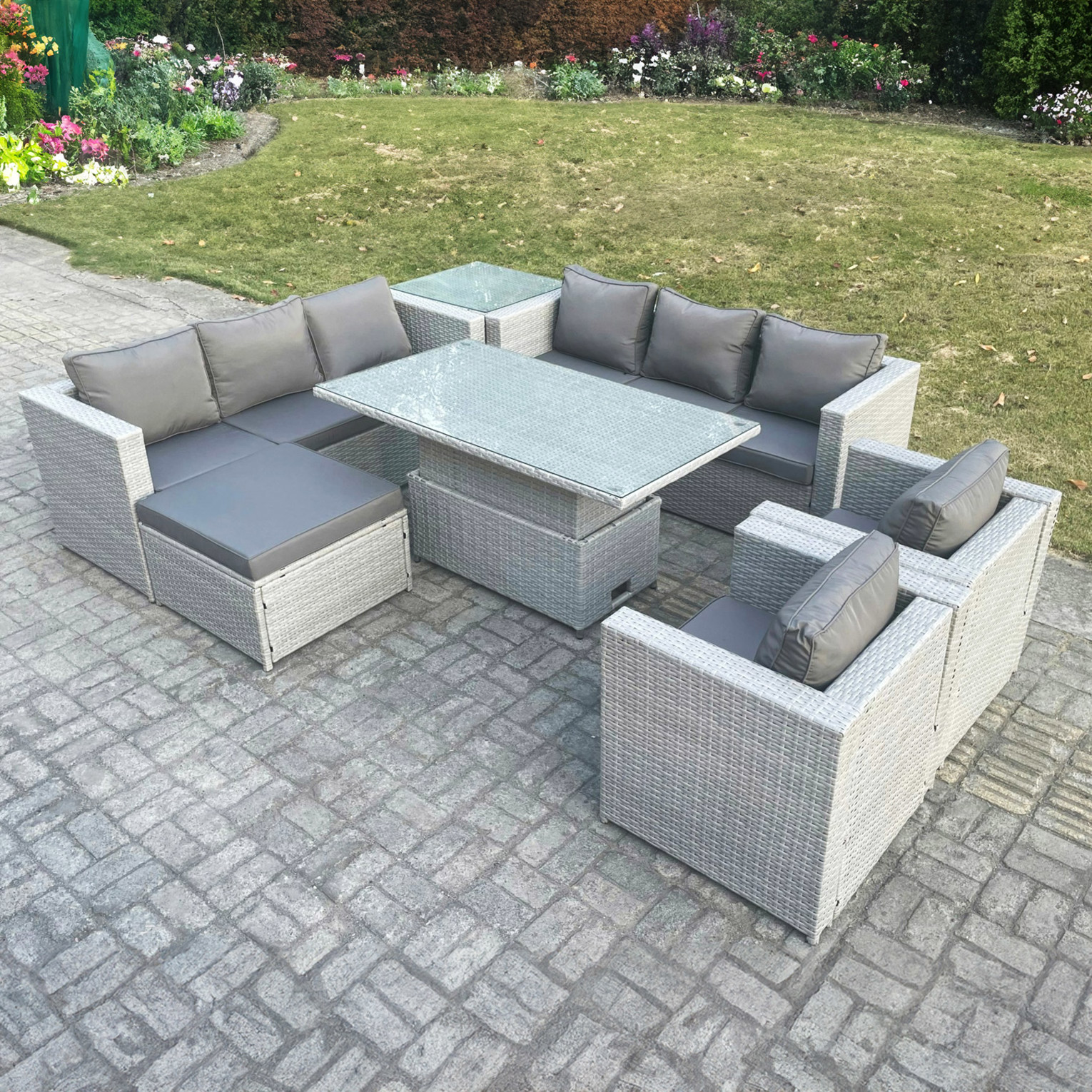 Rackhams Rattan Garden Sofa Dining Set With Adjustable Rising Table, Lounge Chair, Side Table & Footstool