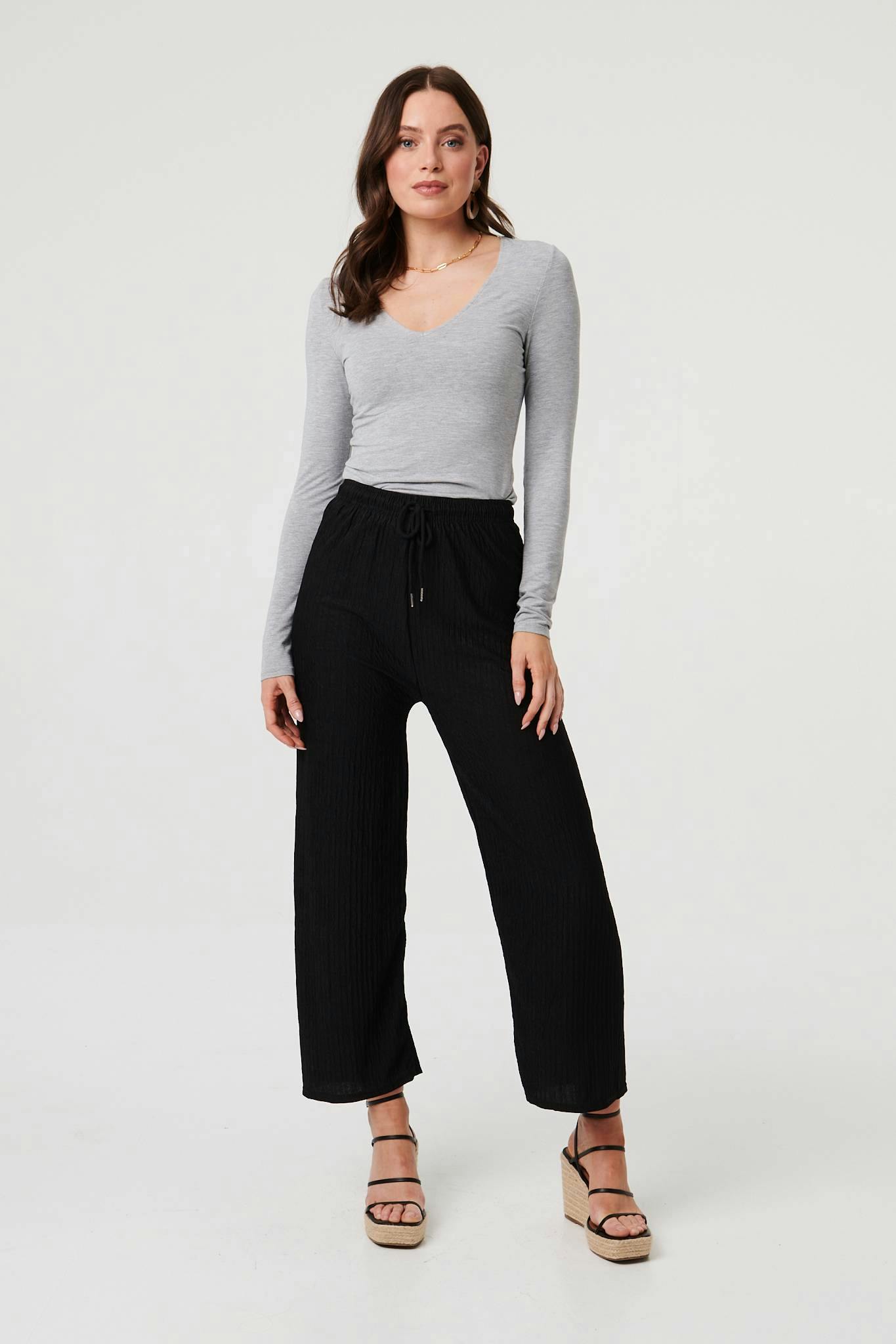 Izabel London Black High Waist Drawstring Wide Trousers - 14