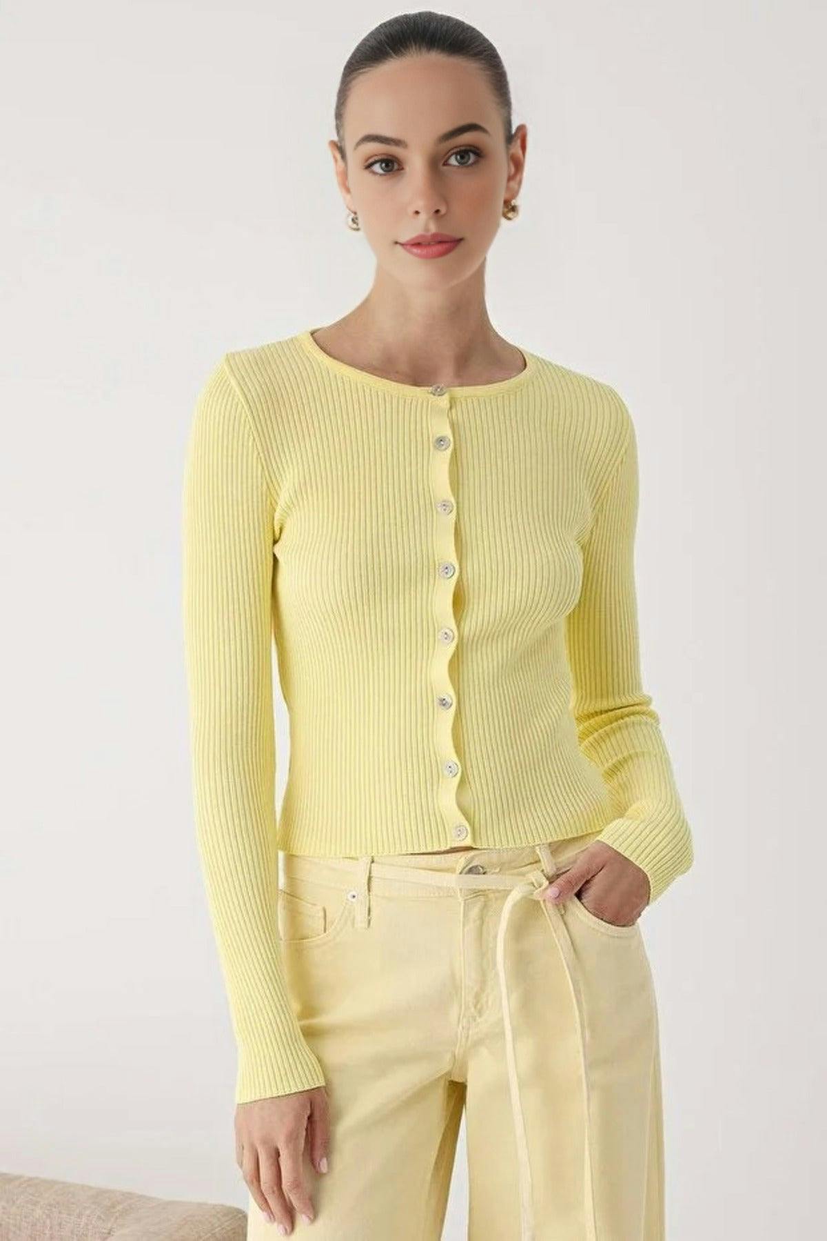 Wovcor Yellow Mercerized Look Ribbed Knit Cardigan - M