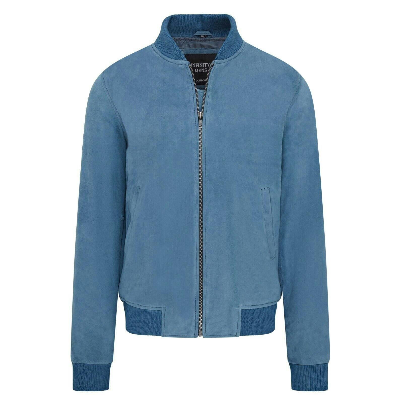 Infinity Leather Men's Blue Soft Goat Suede Ma-1 Varsity Bomber Jacket - Dalian - Uk 4XL | Eu 58 | Us 48