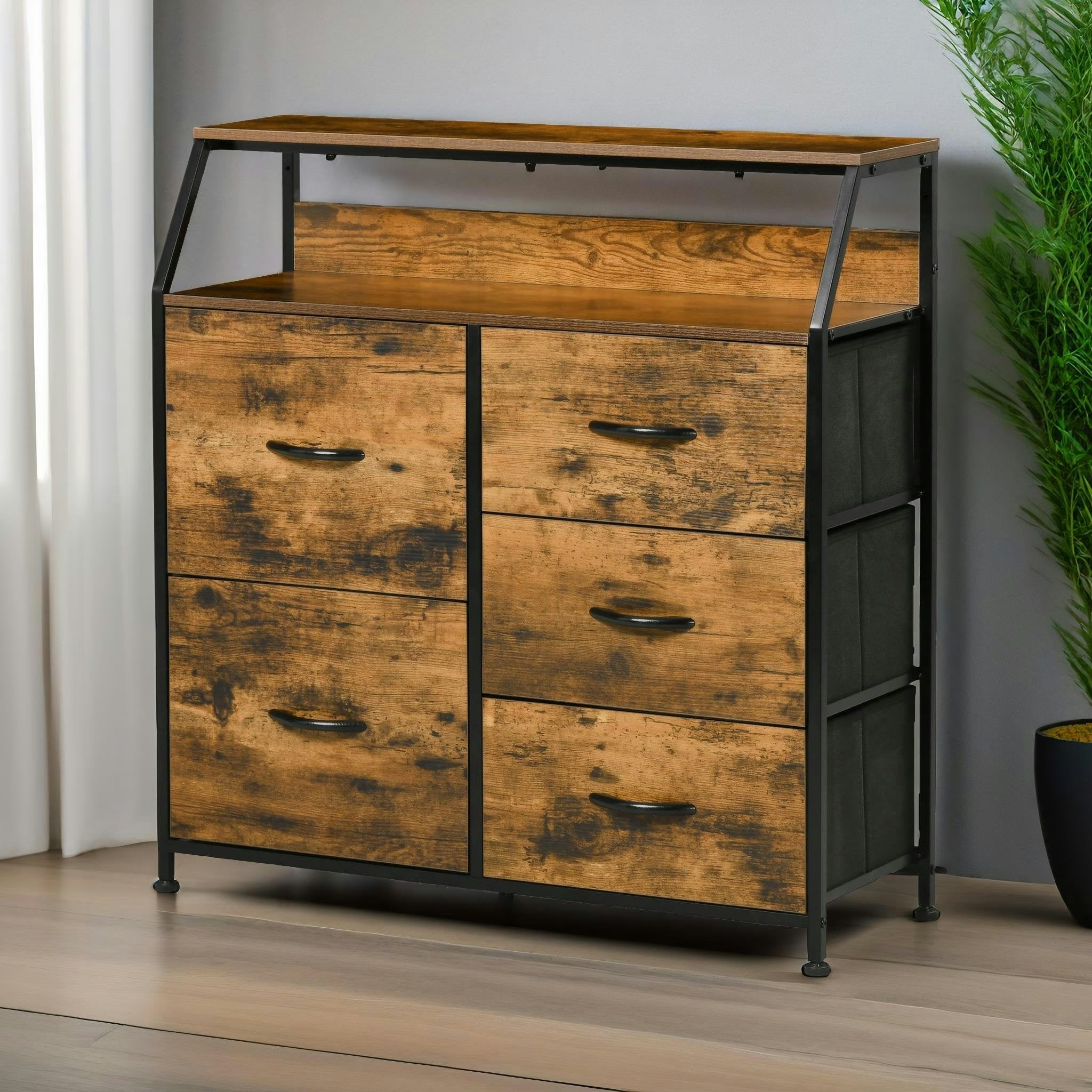 Rackhams Brown Industrial Rustic Chest With 5 Fabric Drawers