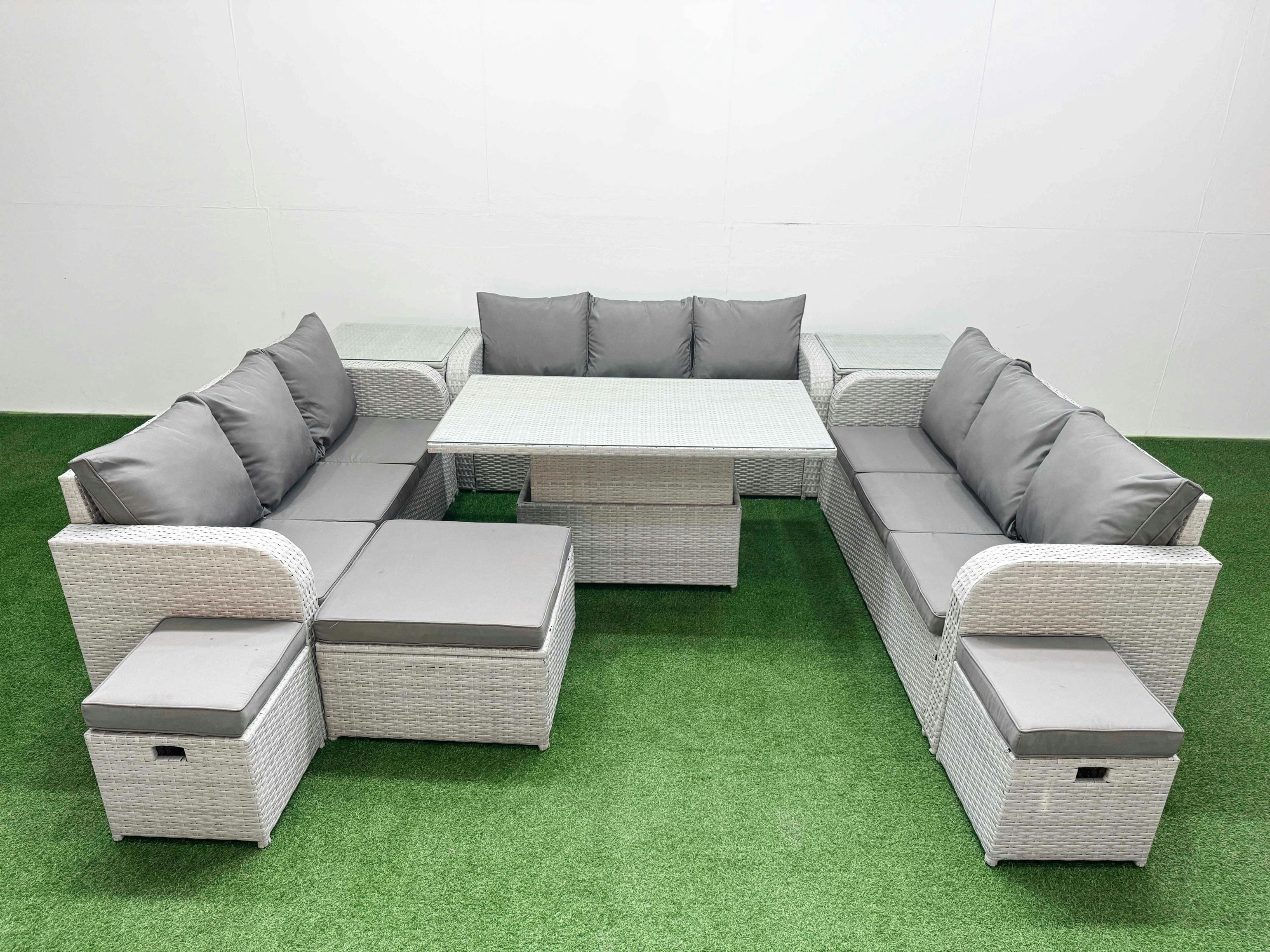 Rackhams Light/Grey 12 Seater Rattan Garden Furniture Set With Adjustable Height Table, 3 Sofas, 3 Stools & 2 Side Tables