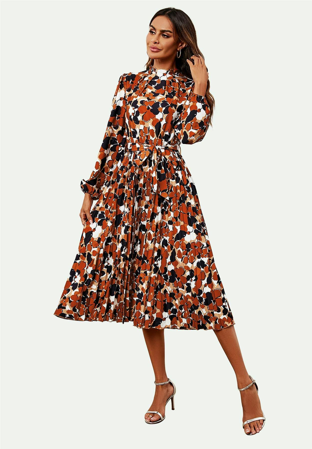 Fs Collection High Neck Long Sleeve Midi Dress In Rust - Rust - S