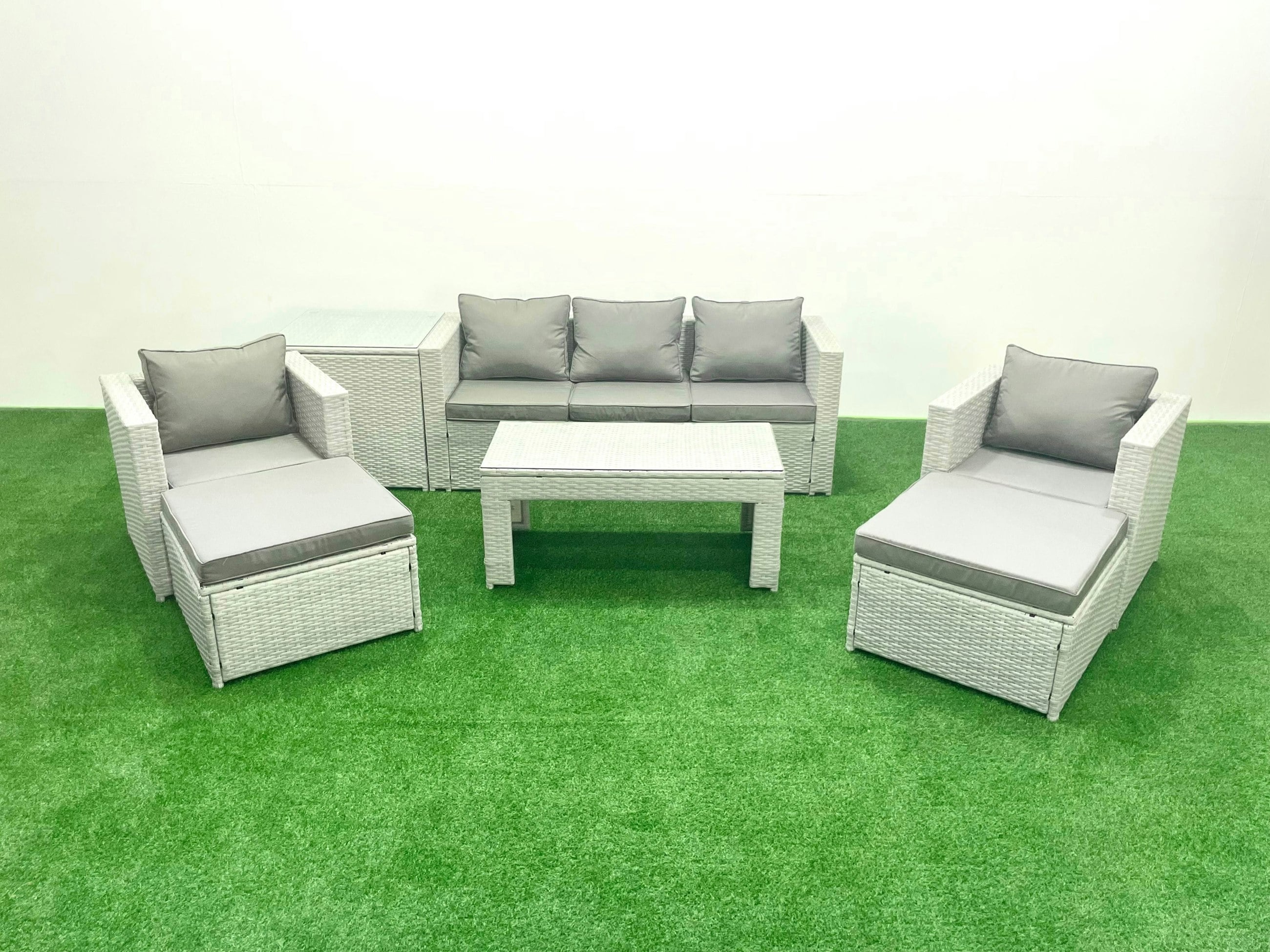 Rackhams Light/Grey Rattan Garden Furniture Set 7 Seater Outdoor Garden Sofa 2 Chairs Oblong Coffee Table Set With 2 Stools Side Table Mixed