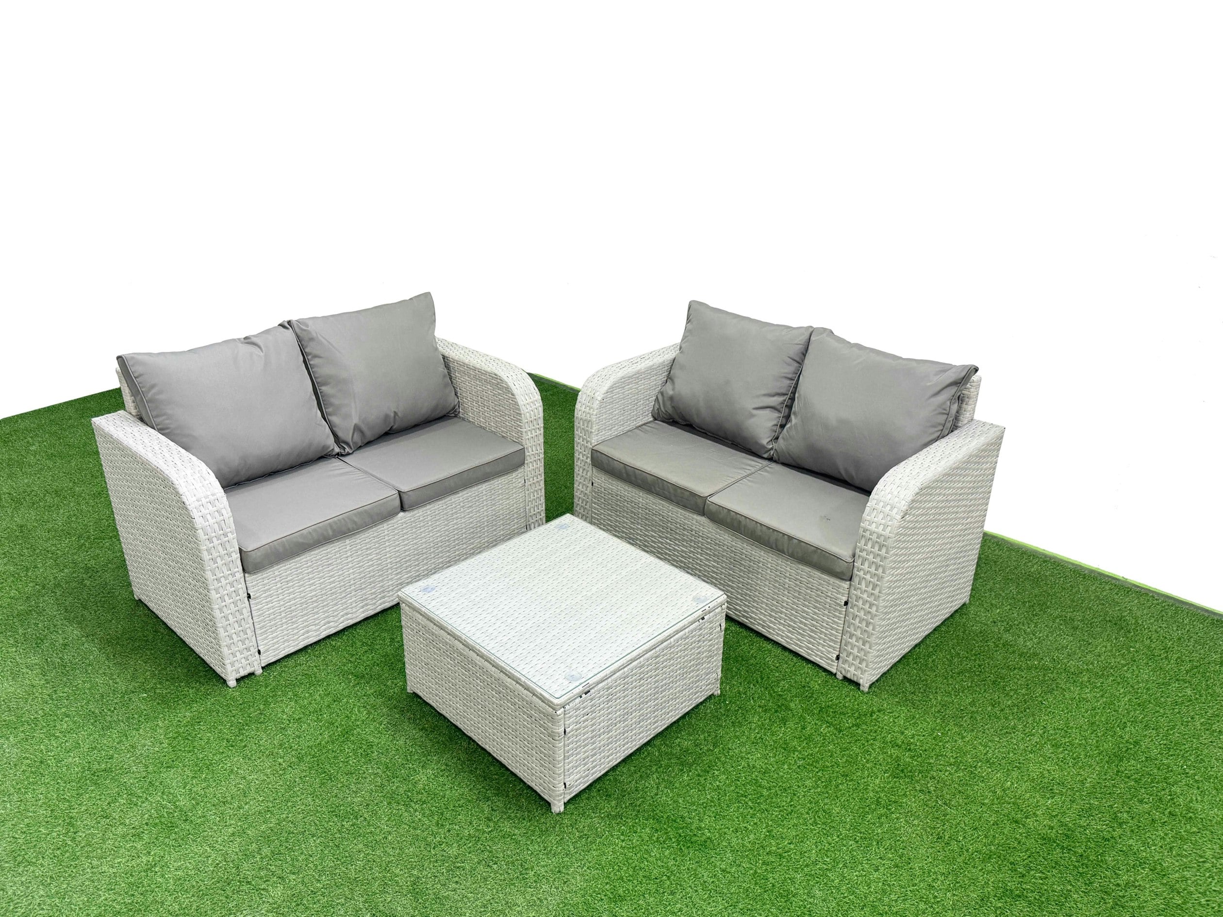 Rackhams Light/Grey 4 Seater Outdoor Love Sofa Set Rattan Garden Furniture Set With Square Coffee Table