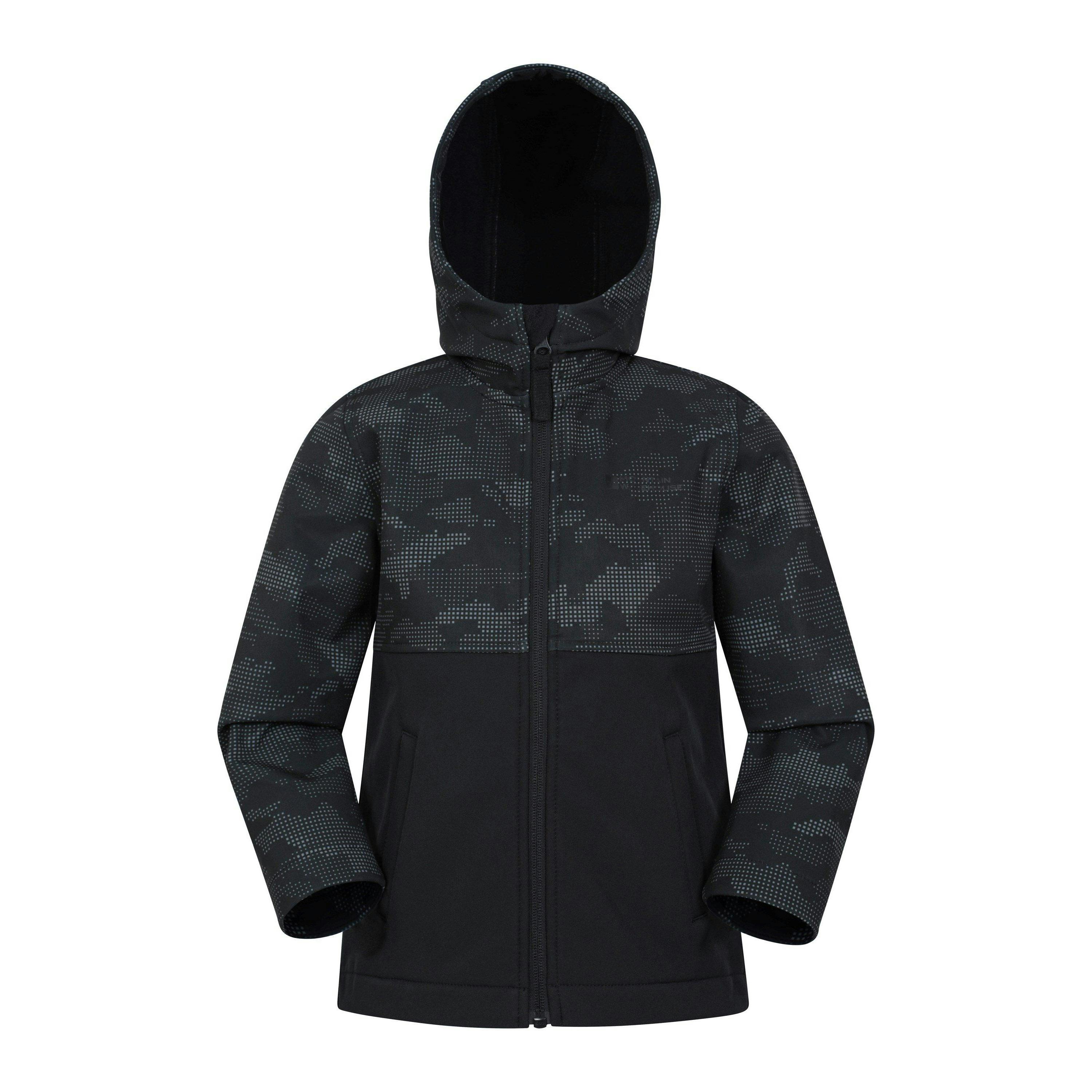 Mountain Warehouse Black Kids Exodus Camouflage Soft Shell Jacket - 9-10 Years - 94% Polyester/6% Elastane