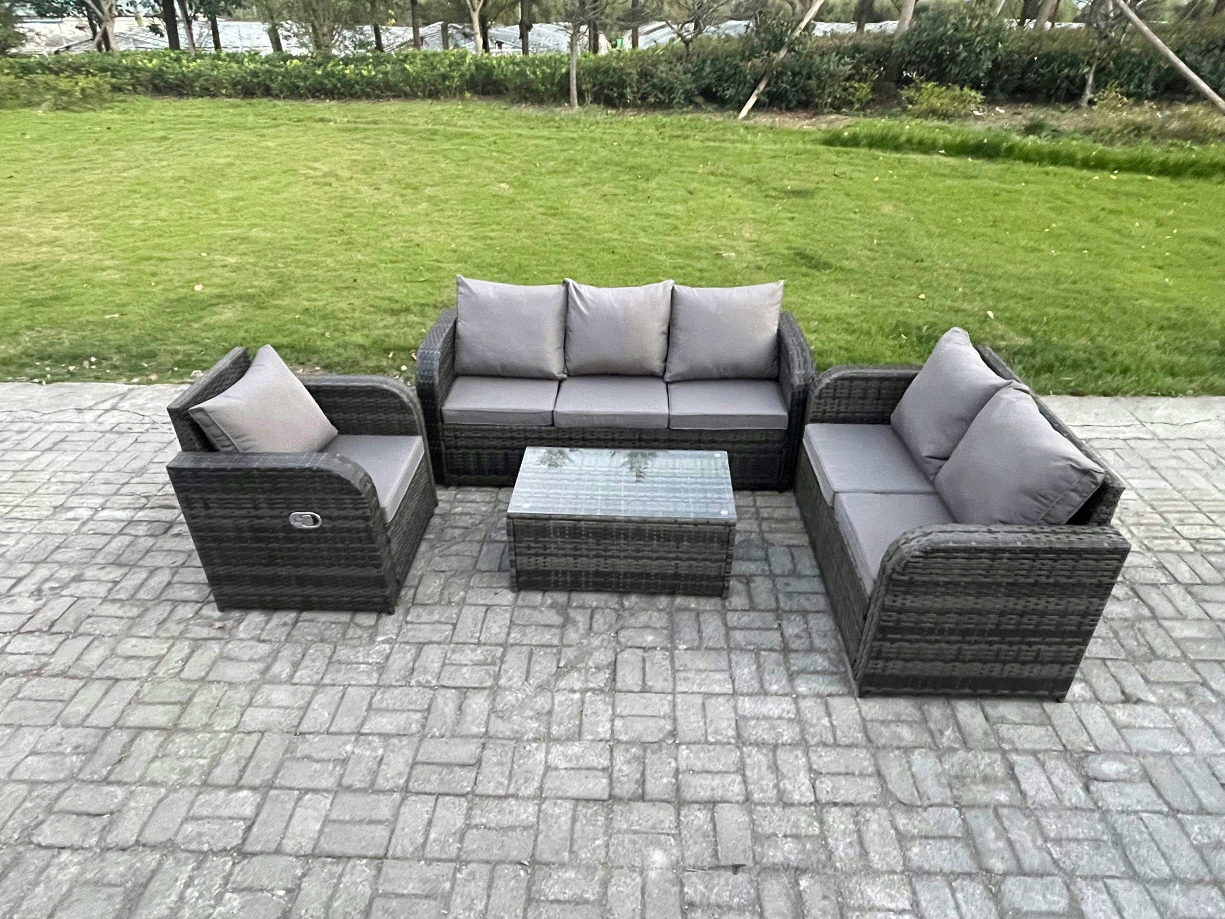 Fimous Dark/Grey 6-Seater Outdoor Wicker Rattan Sofa Set | Rectangular Coffee Table, Reclining Chair, Loveseat, 3-Seater Sofa