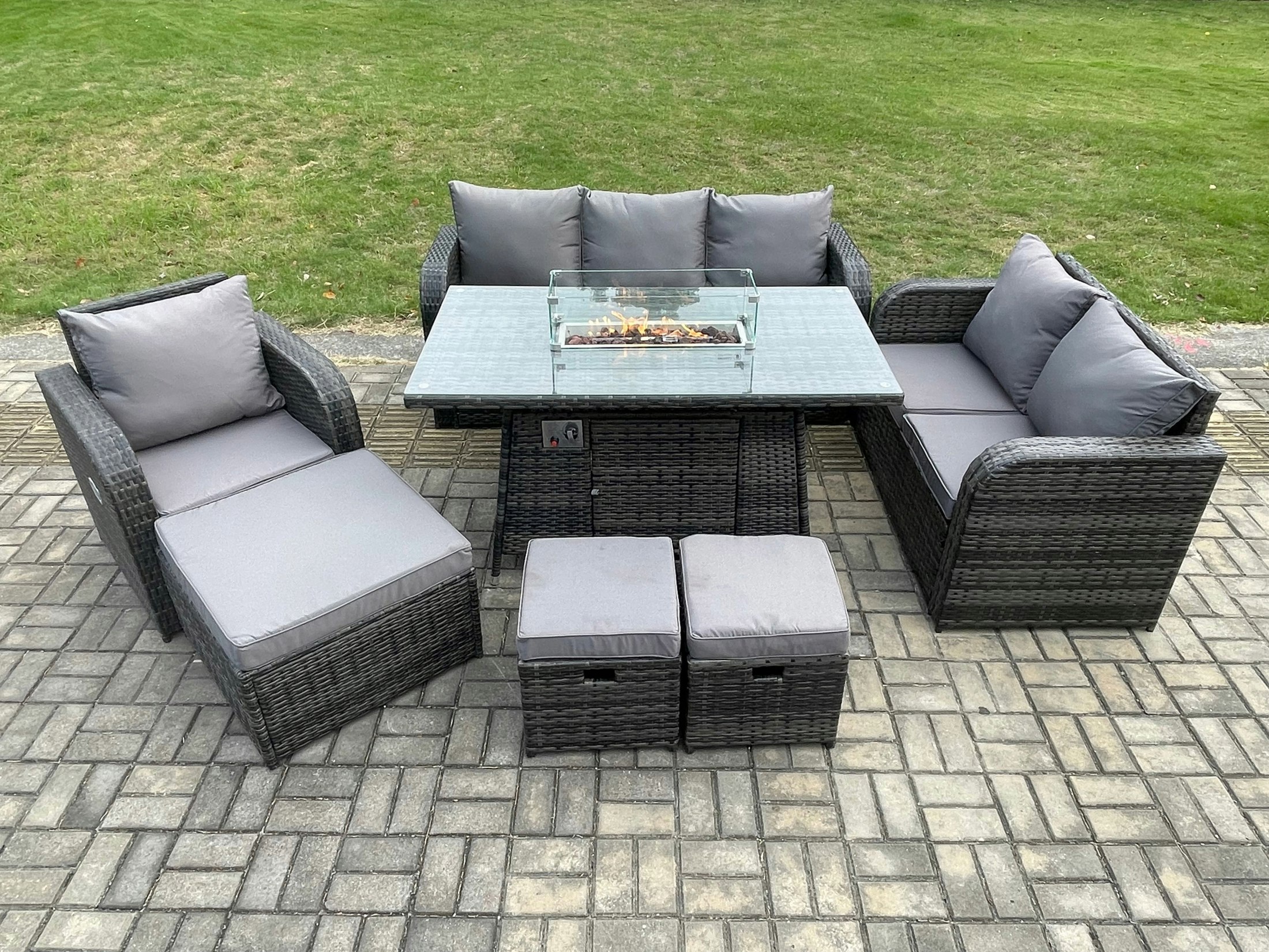 Rackhams Dark/Grey Rattan Garden Furniture Set With Fire Pit Table 9 Seater Outdoor Lounge Sofa Set Mixed
