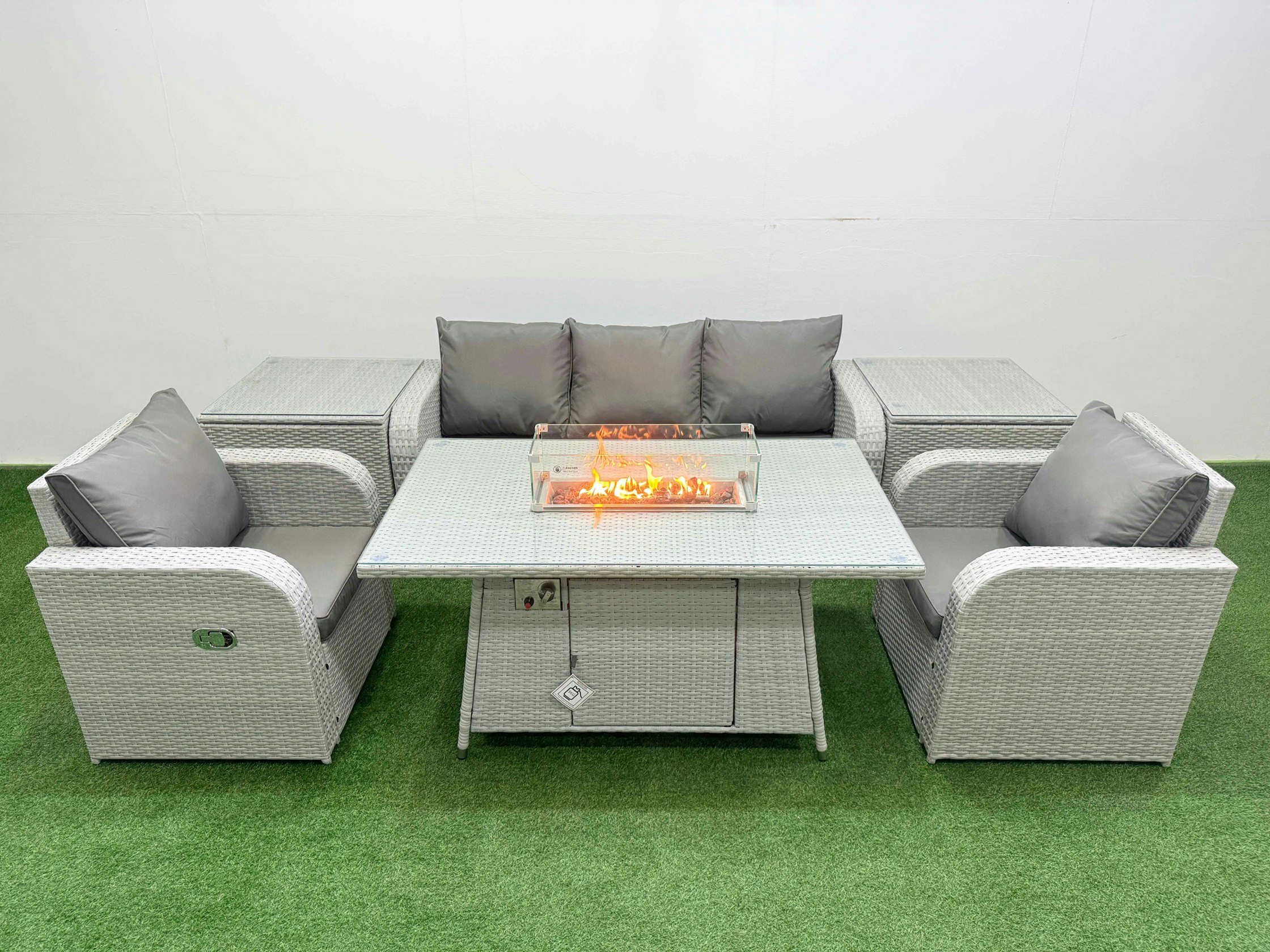 Rackhams Light/Grey Pe Rattan Garden Furniture Set Reclining Chair Sofa Lounge Sofa Set Fire Pit Dining Table 2 Side Table