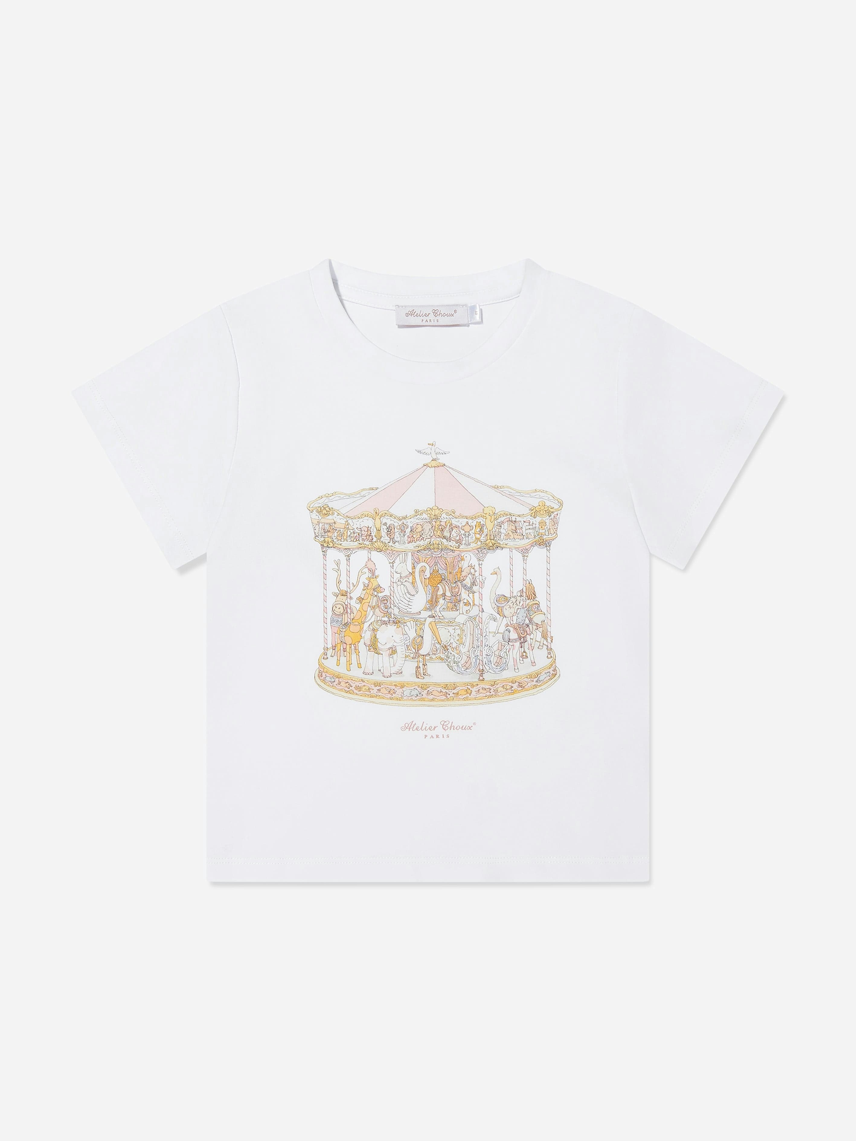 Atelier Choux Girls White Carousel T-Shirt In - 5 Yrs