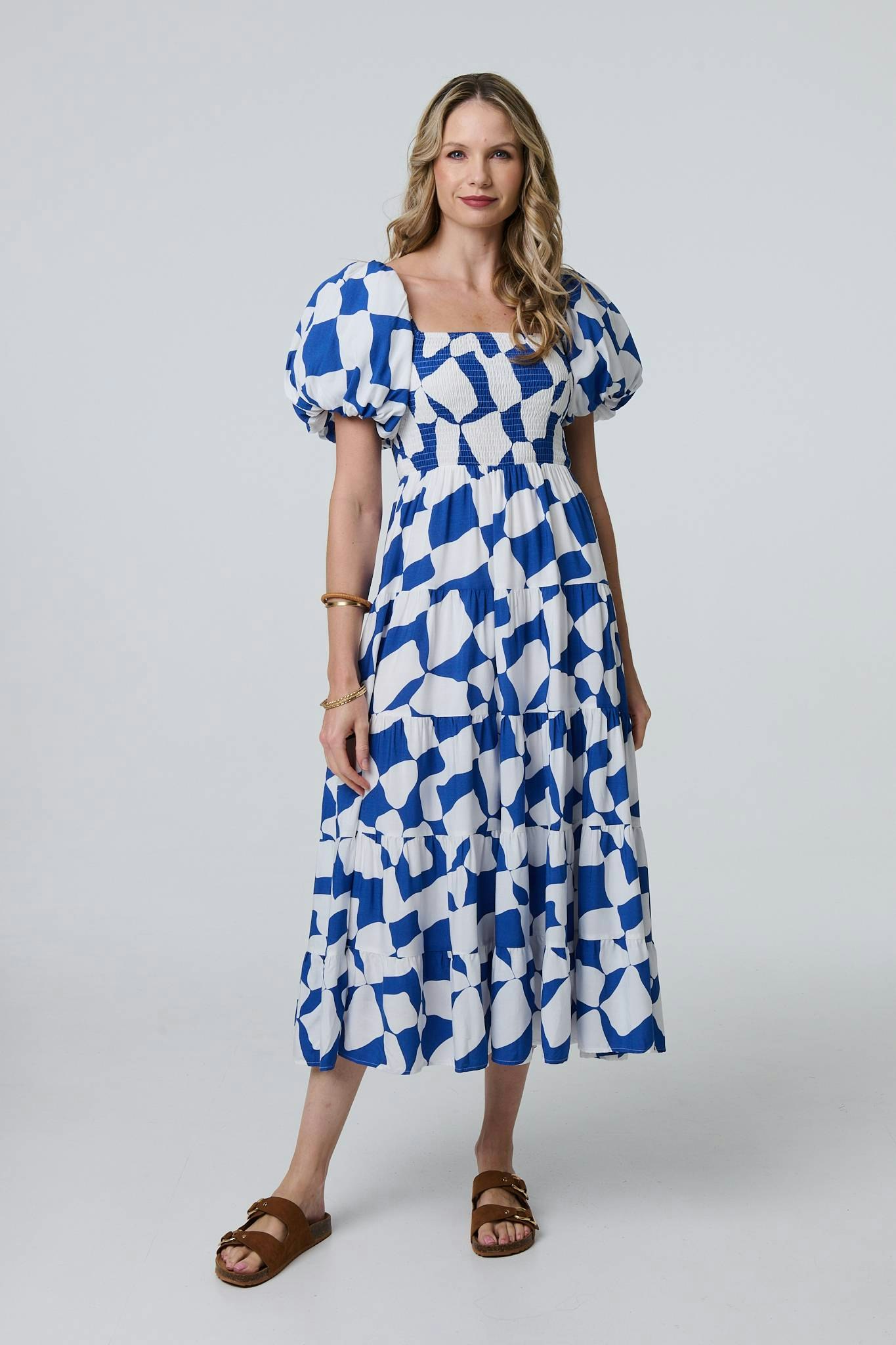 Izabel London Blue Printed Puff Sleeve Bardot Smock Midi Dress - 8