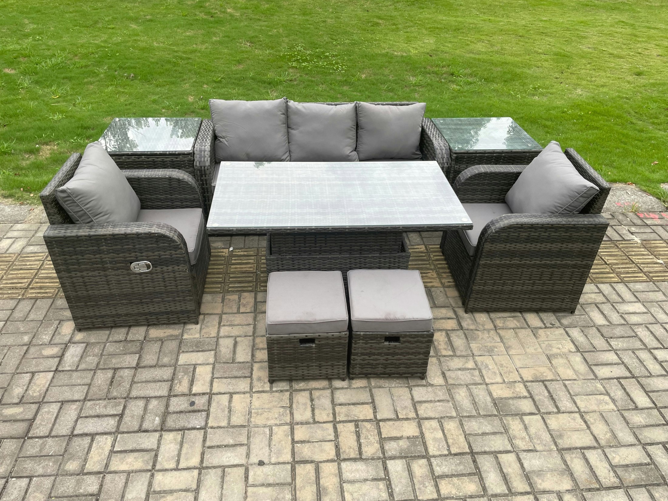 Fimous Dark/Grey Outdoor Rattan Furniture Garden Dining Sets Height Adjustable Rising Lifting Table Sofa Set With Chairs Side Tables 2 Small Footstools