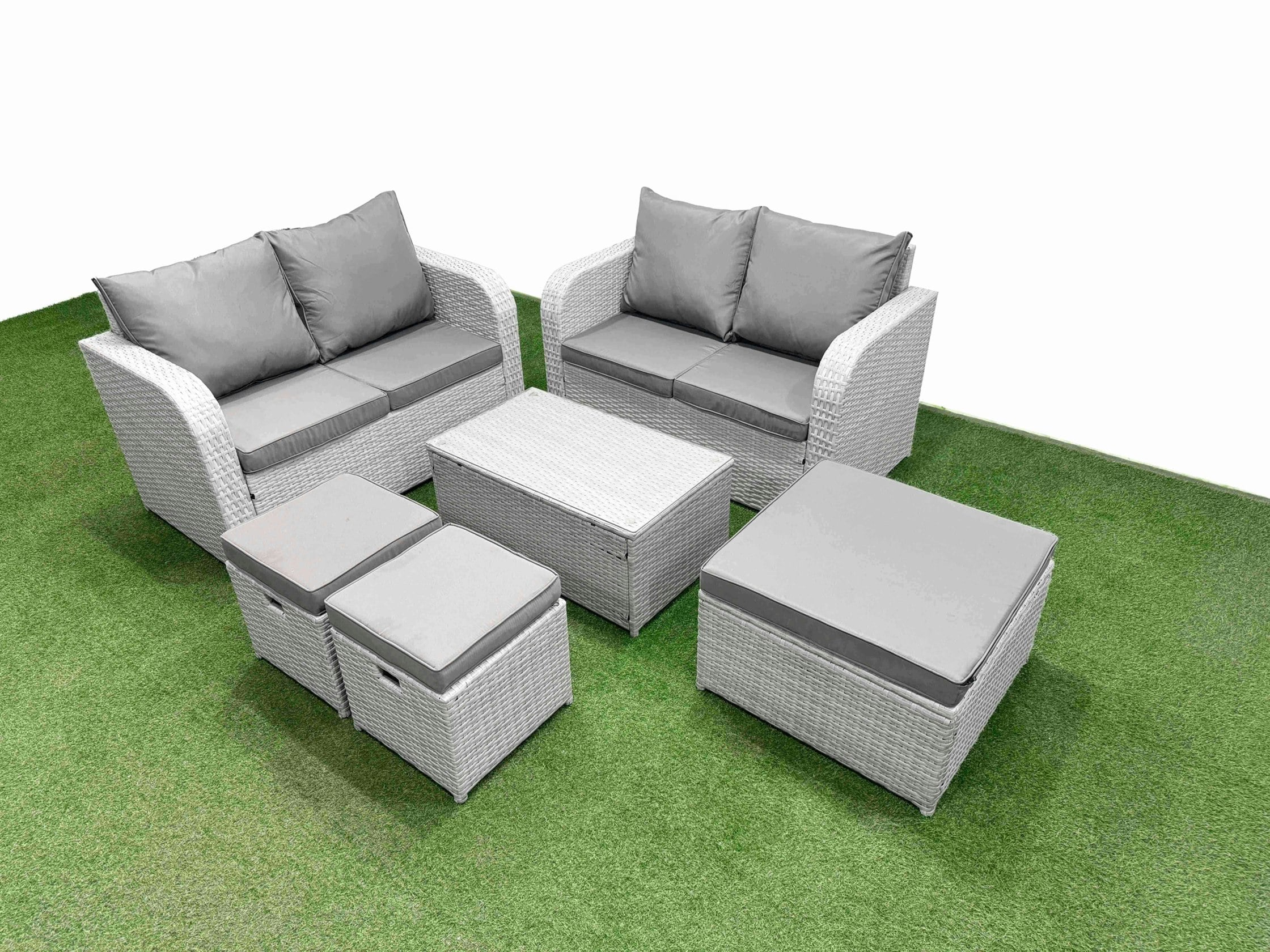 Fimous Light/Grey 7 Seater Outdoor Love Sofa Set Rattan Garden Furniture Set With Rectangular Coffee Table 3 Footstool
