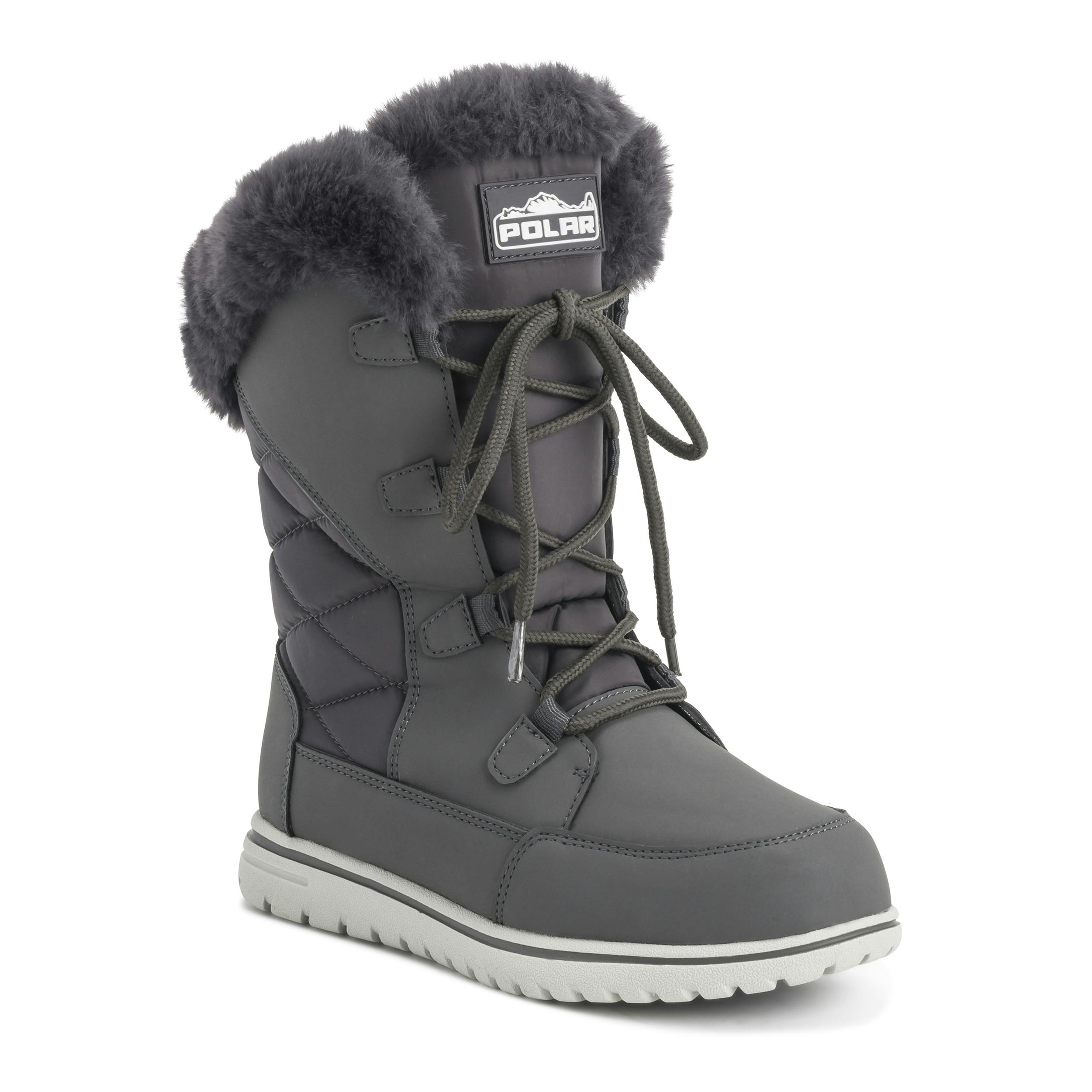 Viva Women's Polar Boot Quilted Outdoor Cuff Snow Lace Up Faux Fur Boots - 6 - Charcoal Nylon