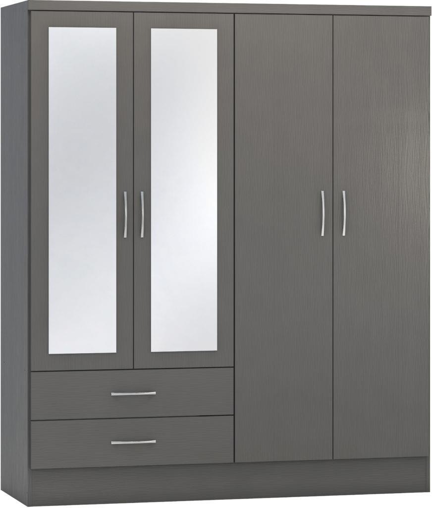 Seconique Grey Nevada 4 Door 2 Drawer Mirrored Wardrobe - 3D Effect