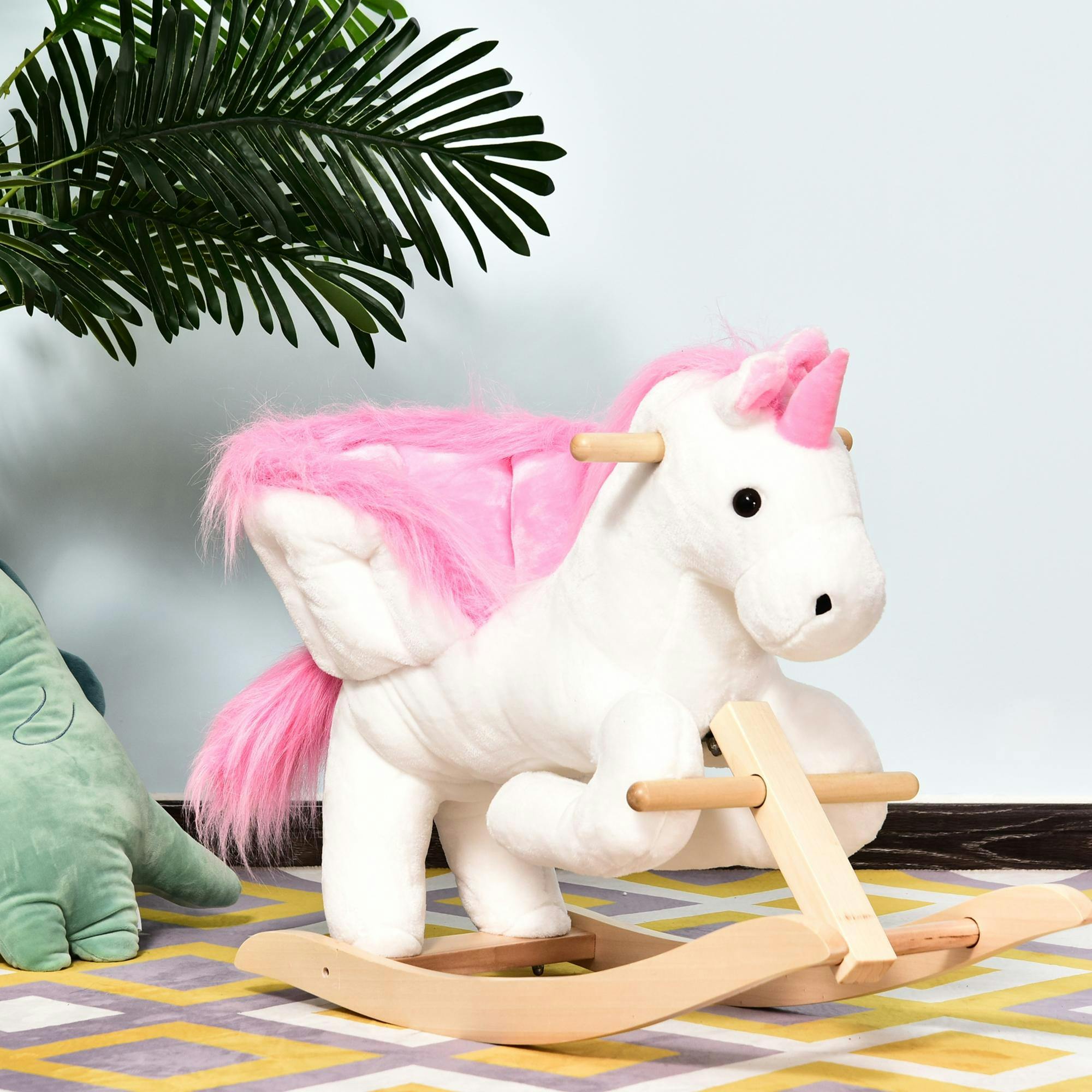 Homcom Pink Kids Wooden Ride On Unicorn Rocking Horse Plush Toy Soft Seat