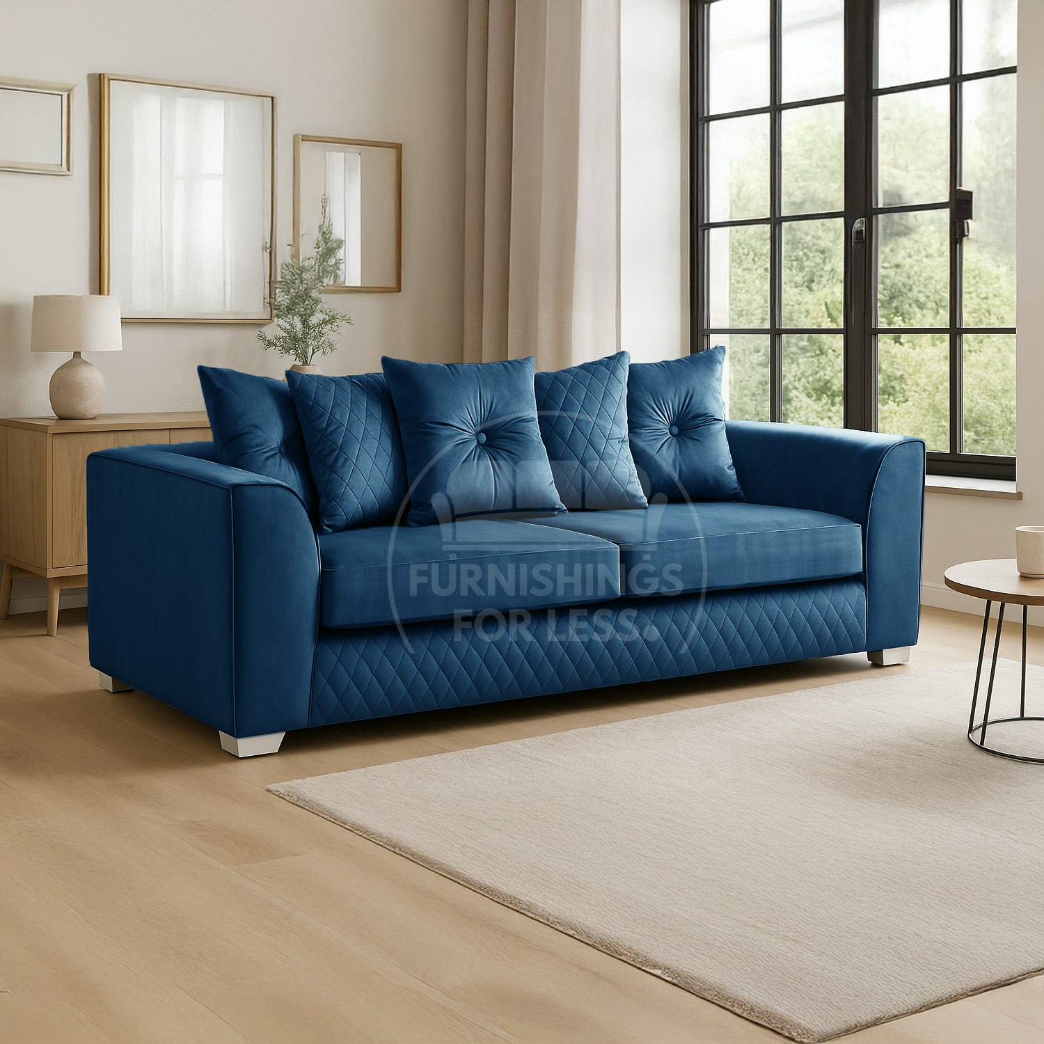 Furnishings For Less Blue Victoria Plush Velvet 3 Seater Sofa