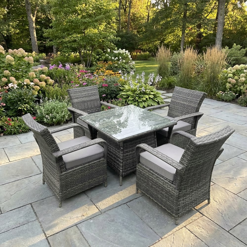 Fimous Dark/Grey 4 Seater Rattan Garden Furniture Set With Dining Table & 4 Chairs