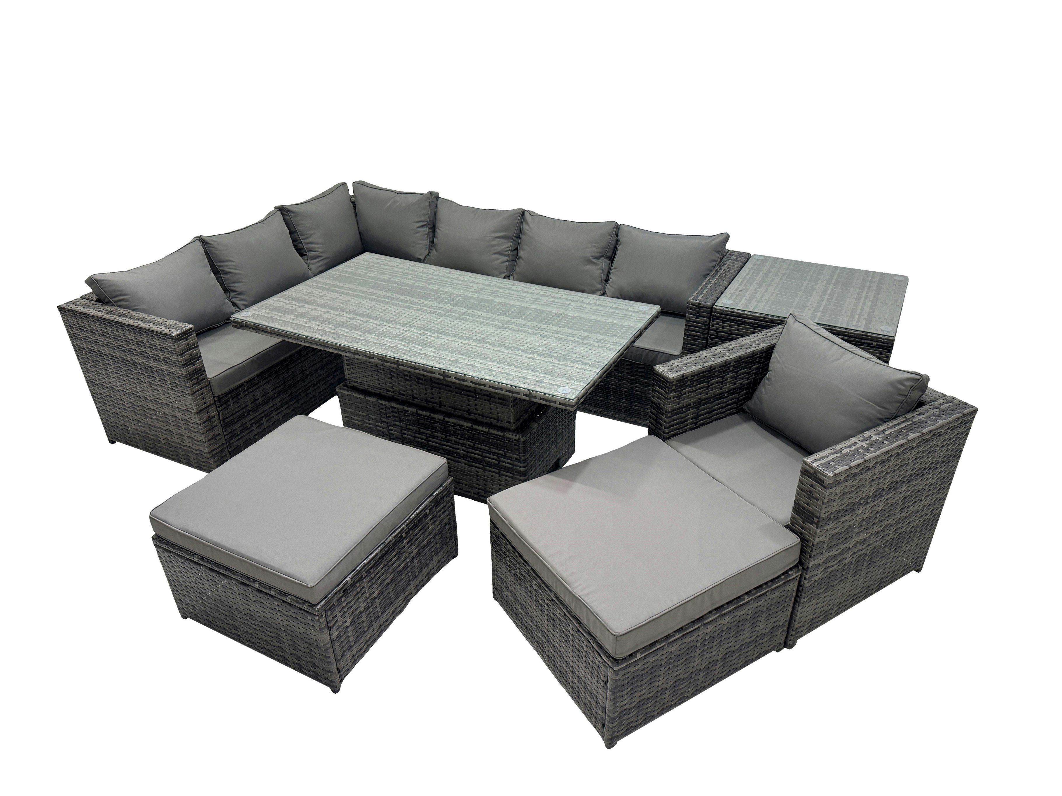 Fimous Dark/Grey 9 Seater Height Adjustable Rising Lifting Table Corner Sofa Set Rattan Garden Furniture Dining Set With Side Table 2 Big Stool Mixed