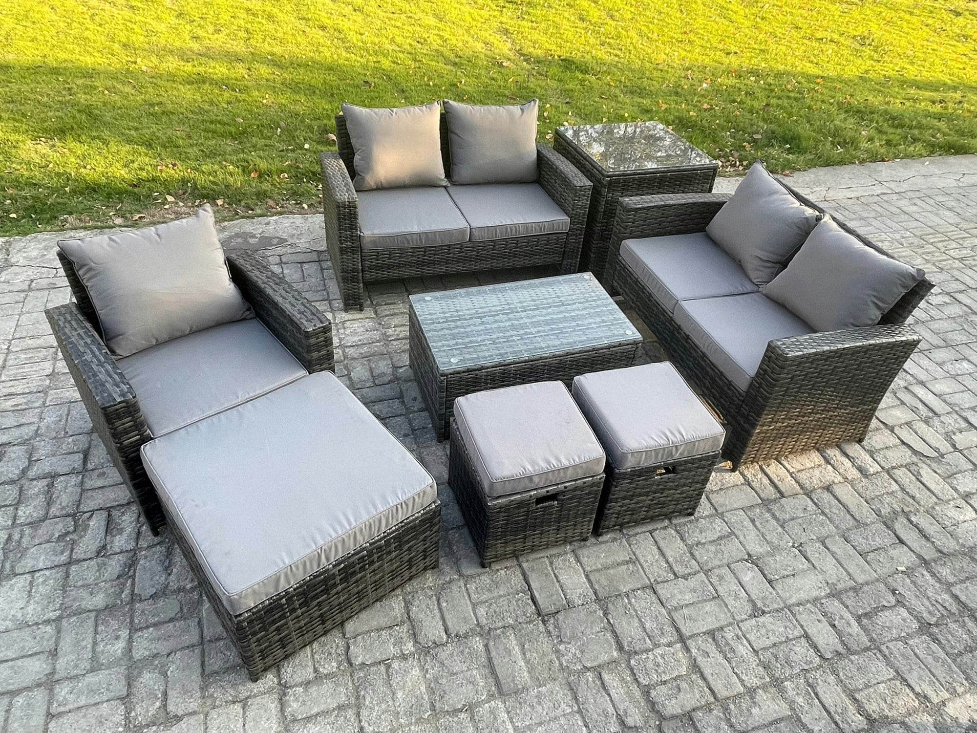 Rackhams Dark/Grey Rattan Garden Furniture Set 8 Seater Patio Outdoor Lounge Sofa Chair Set With Rectangular Coffee Table 3 Footstools Side Table Mixed