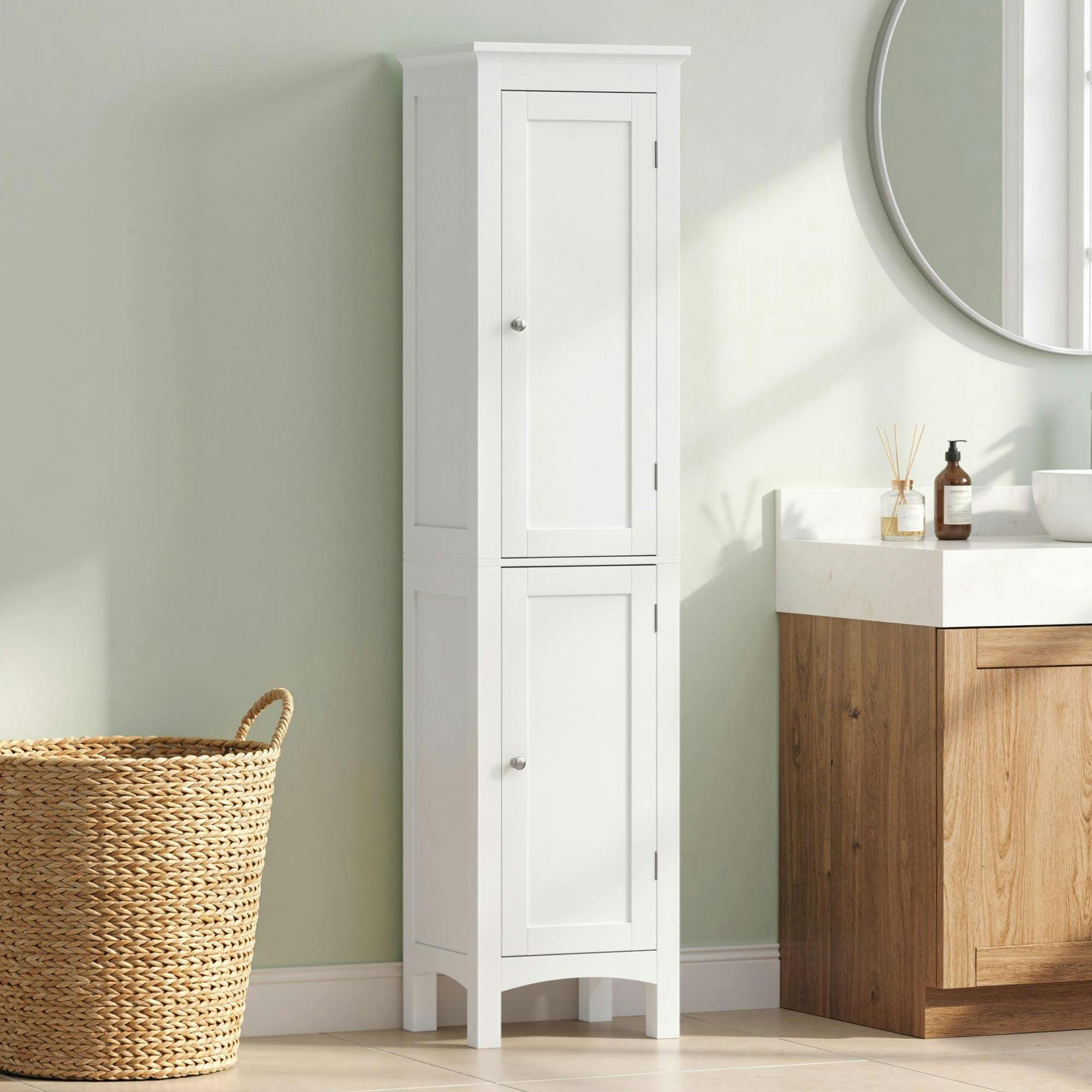 Rackhams White Tall Bathroom Cabinet With Adjustable Shelves, Double Door, - Bathroom Cabinet - Mdf