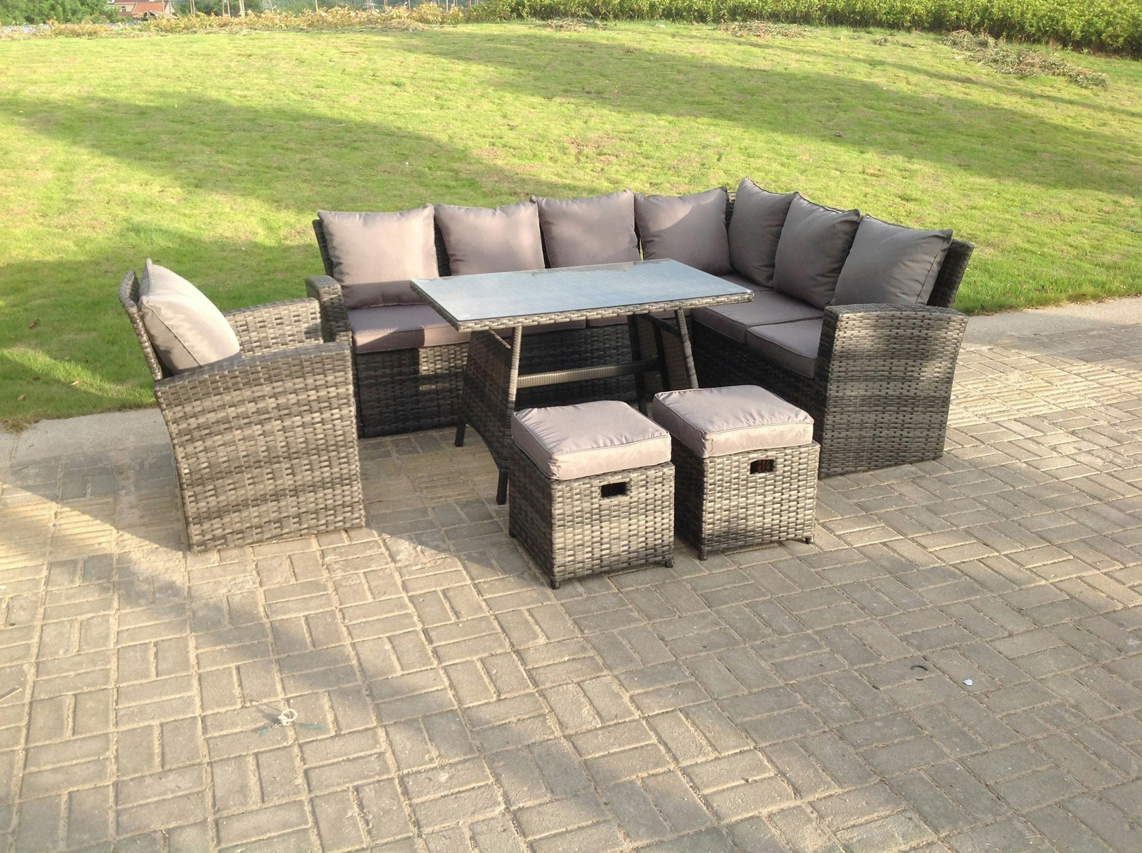 Fimous Dark/Grey 9 Seater High Back Mixed Rattan Corner Sofa Set Outdoor Furniture Rectangular Dining Table 2 Footstools Chair
