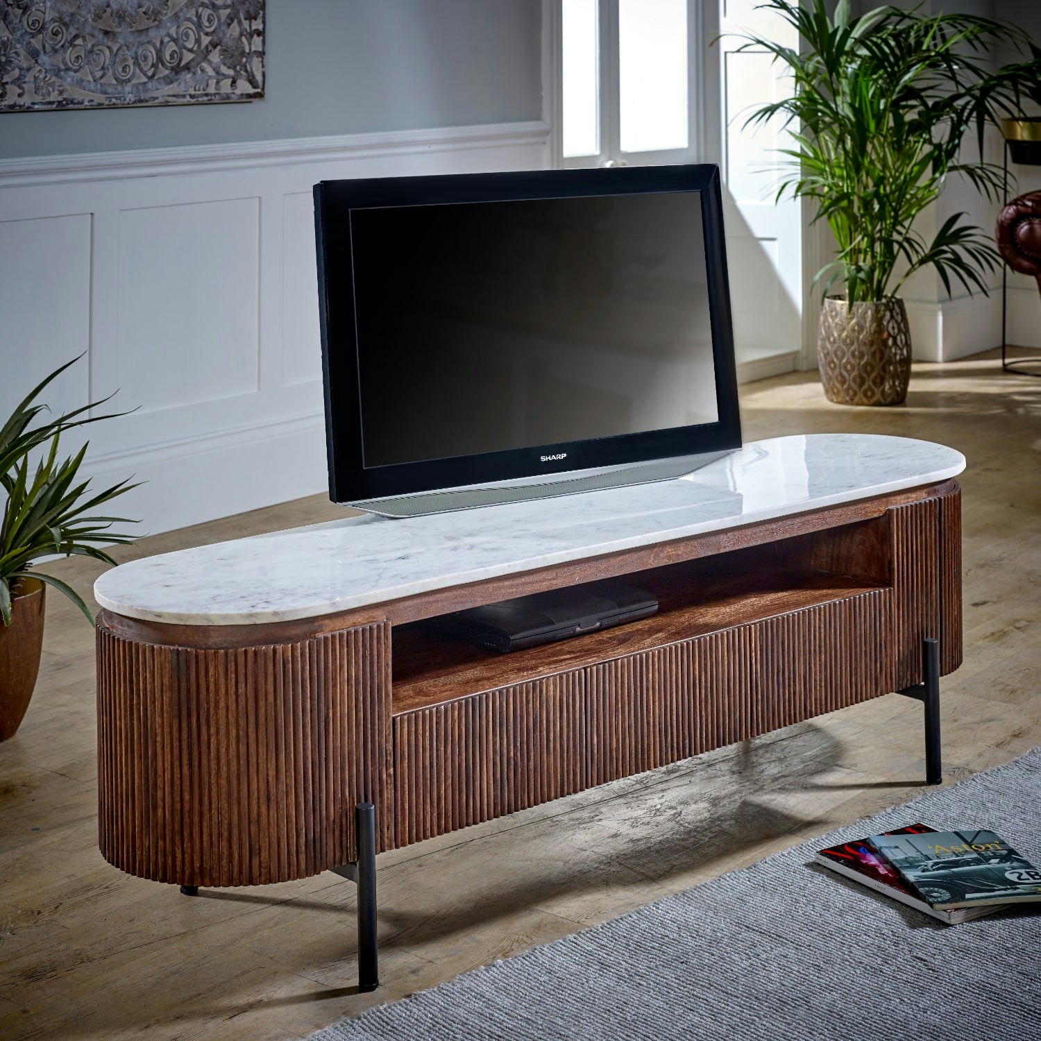 Ih Design Miel Mango Wood Large Tv Stand With Marble Top & Metal Legs - 170 Cm - 50 Cm - Wood
