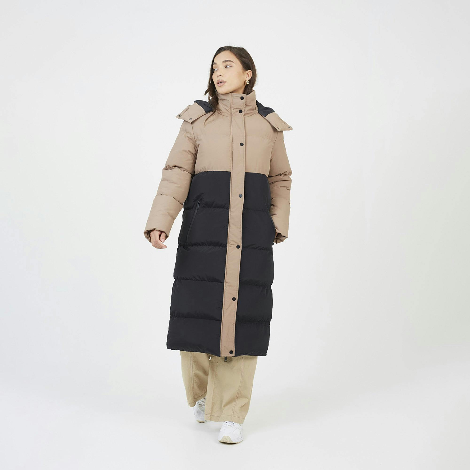 Brave Soul Colourblock Maxi Hooded Puffer Jacket - Tan - Tan - 12