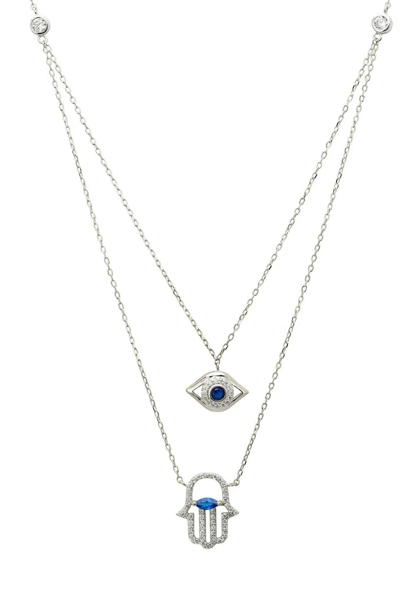 Latelita Silver Hamsa Hand And Evil Eye Layered Necklace