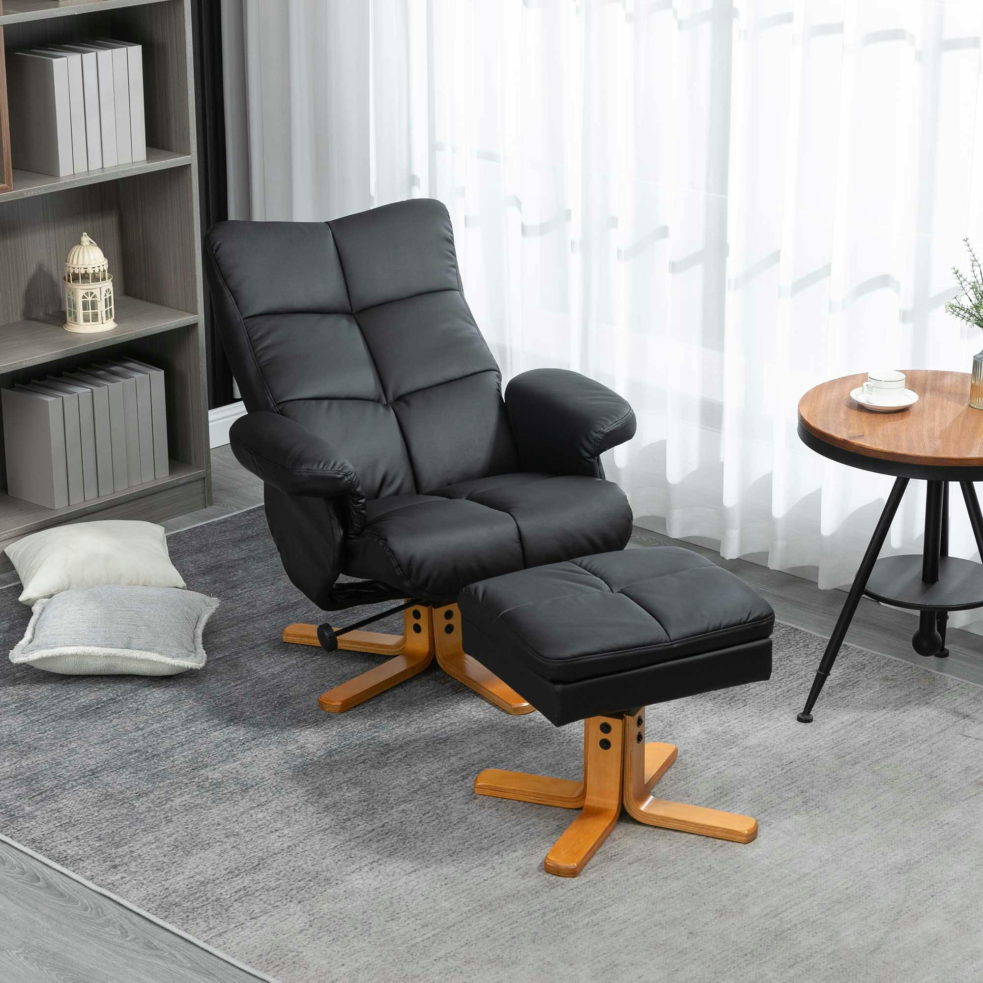 Rackhams Black Recliner Chair And Footstool Pu Leather Wooden Base - Pu, Sponge, Wood