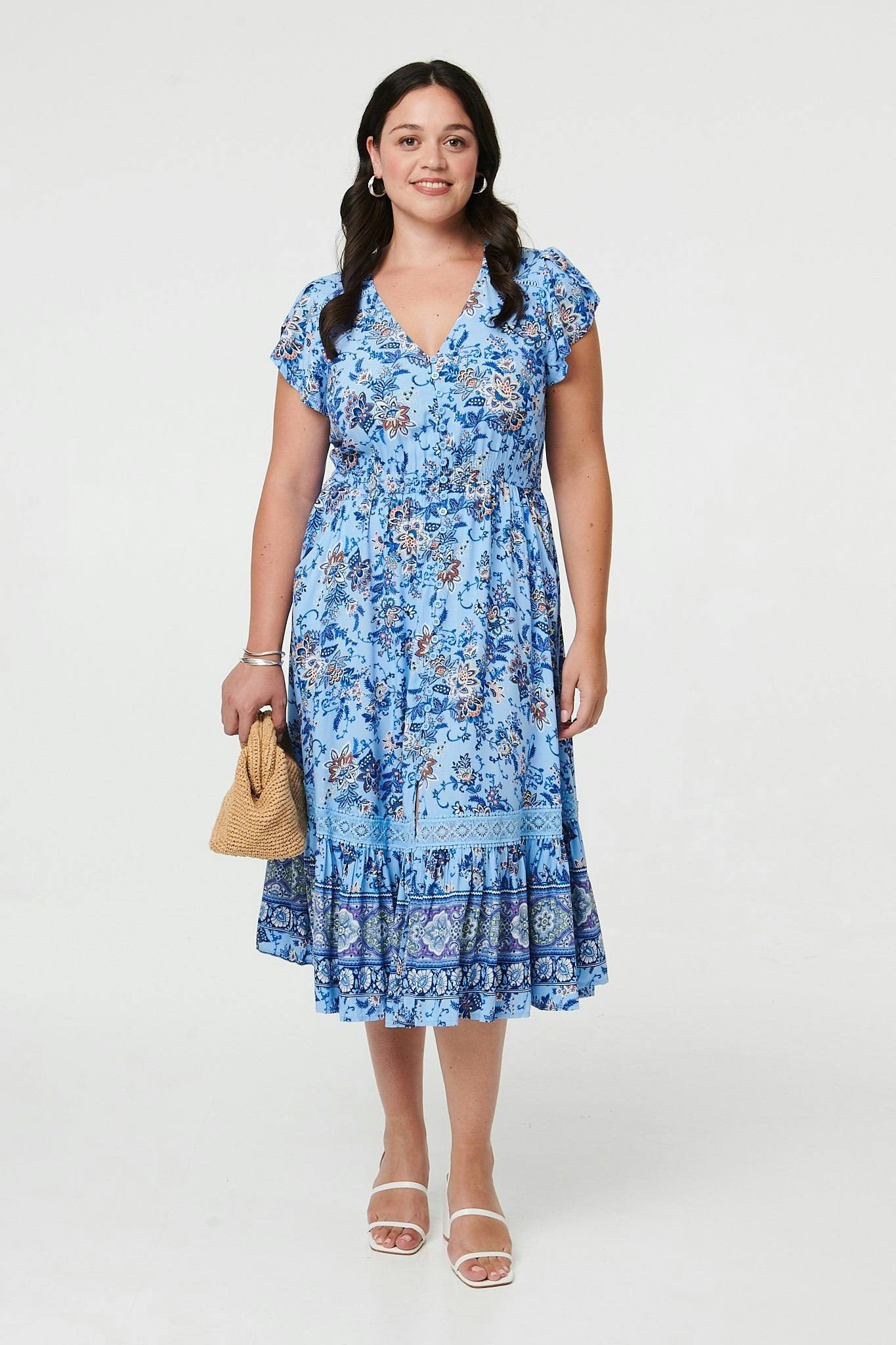 Izabel London Blue Curve Floral Cap Sleeve Lace Midi Dress - 20