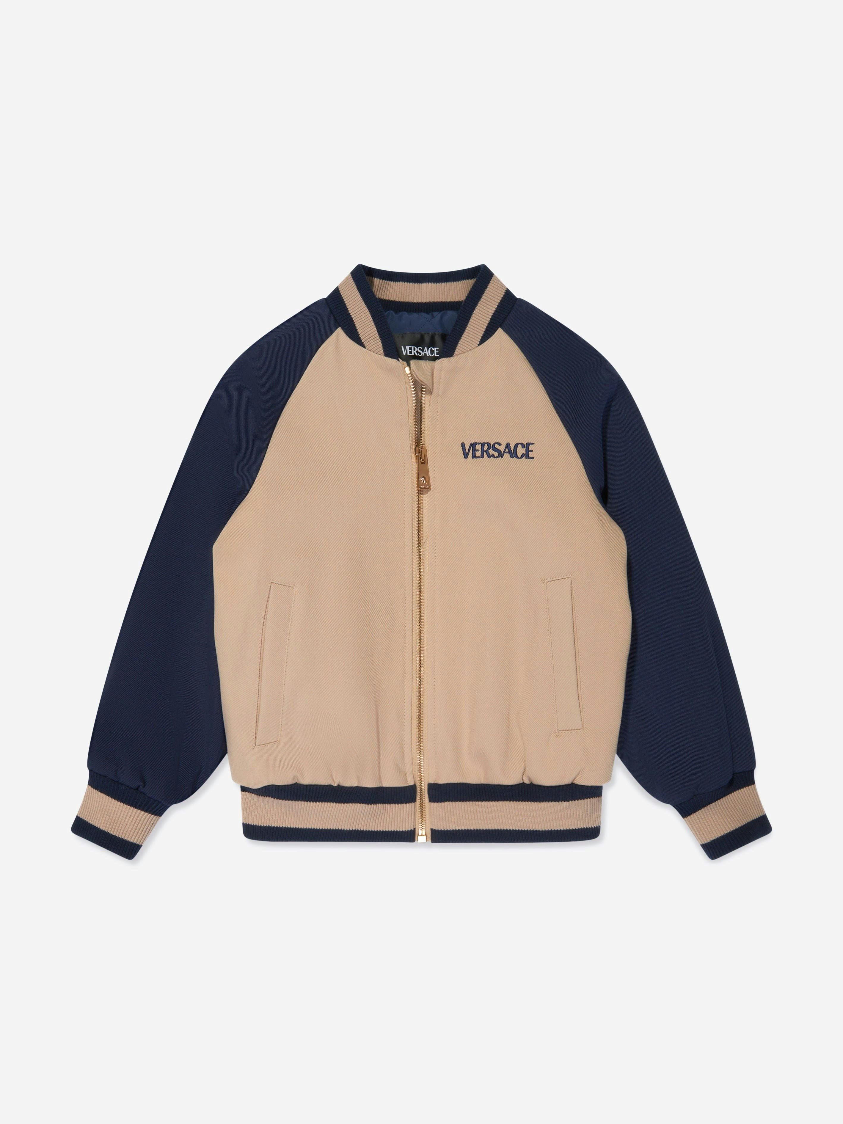 Versace Boys Beige Embroidered Logo Bomber Jacket In - 10 Yrs