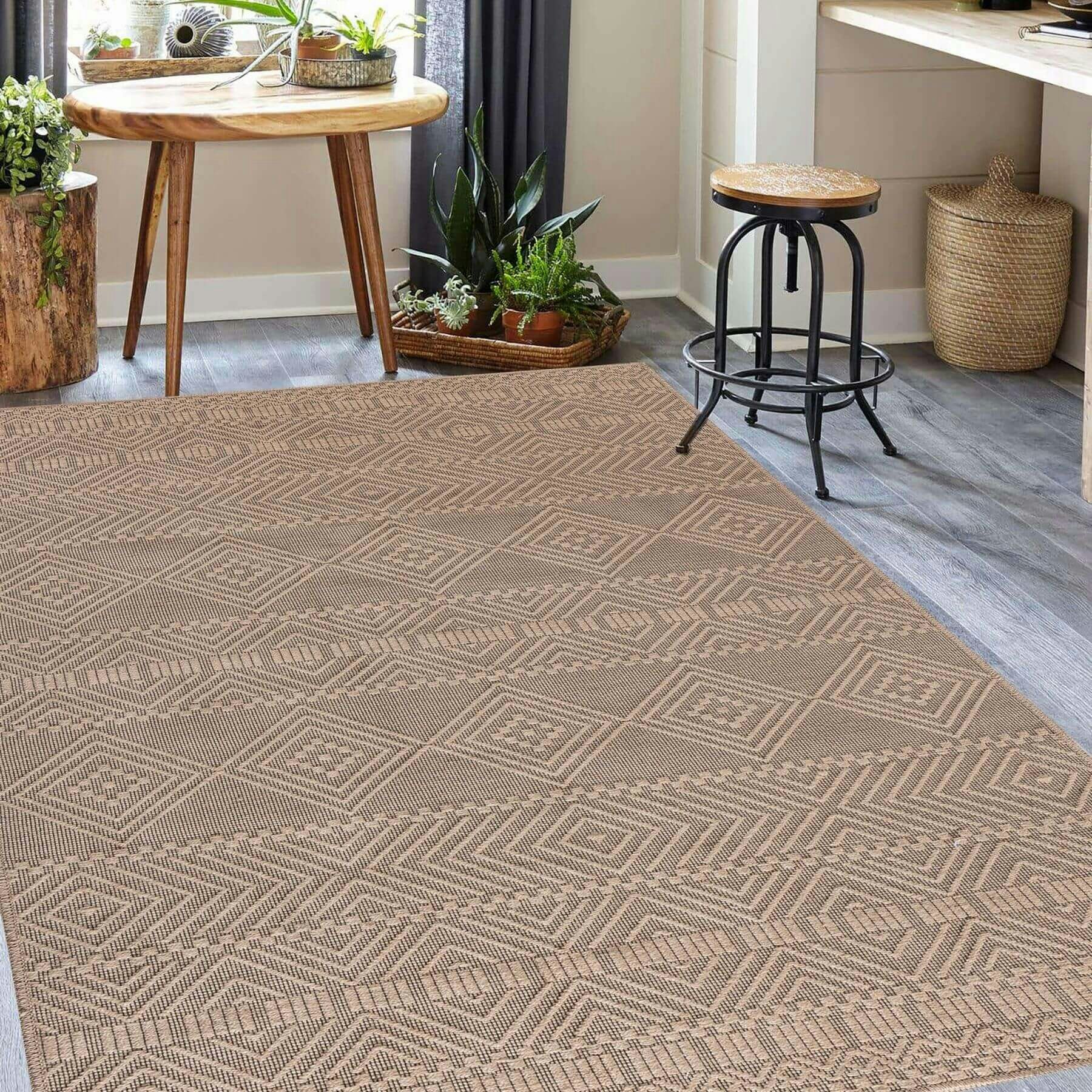 The Rugs Beige Aztec Jute Looking Washable Rug - 120X170 Cm
