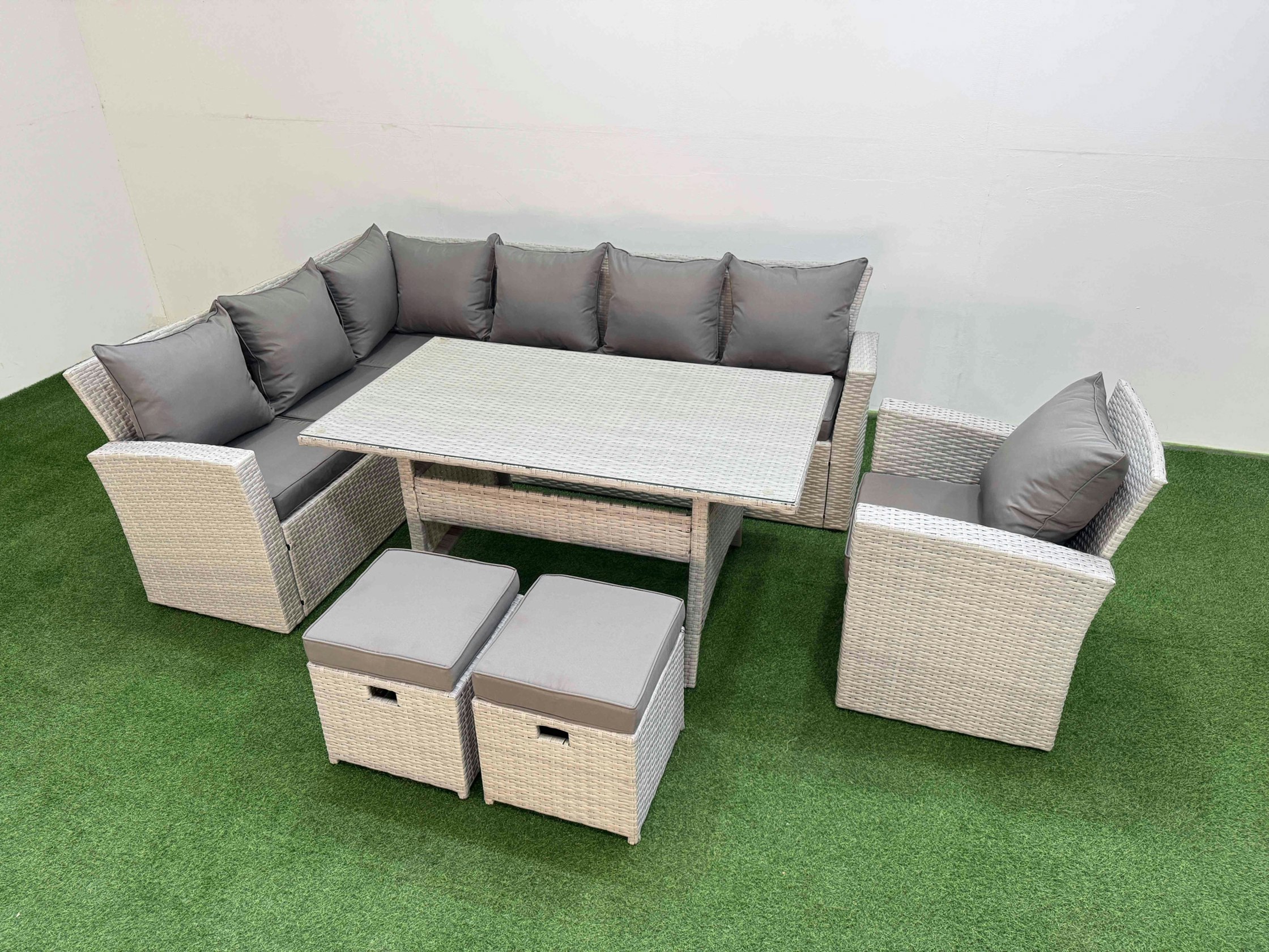 Fimous Light/Grey 9 Seater Rattan Garden Furniture Set Outdoor Patio Dining Corner Sofa Sets With Dining Table Chair 2 Small Footstools Mixed